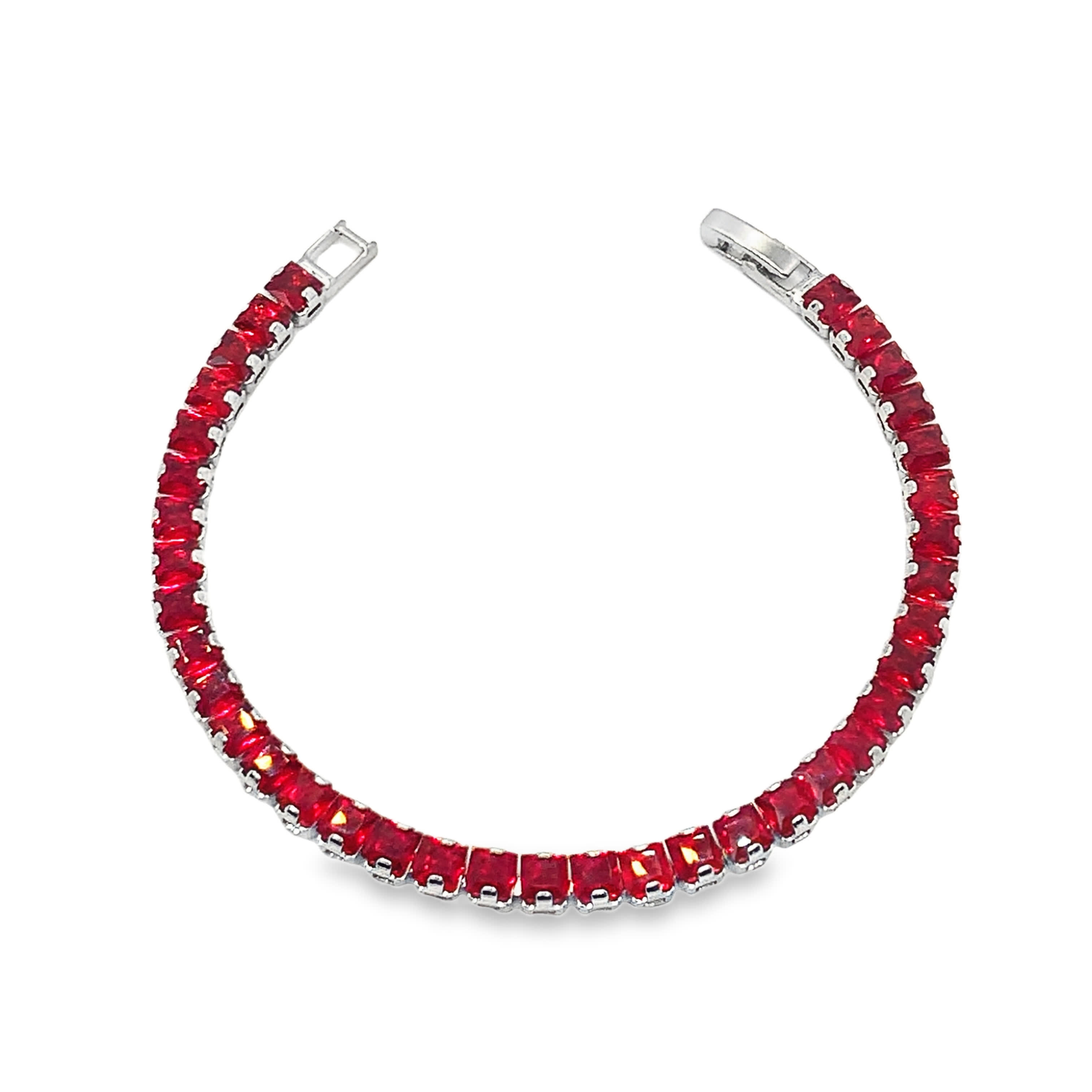 Bransoletka tenisowa z białego złota z czerwonymi rubinami o szlifie księżniczki