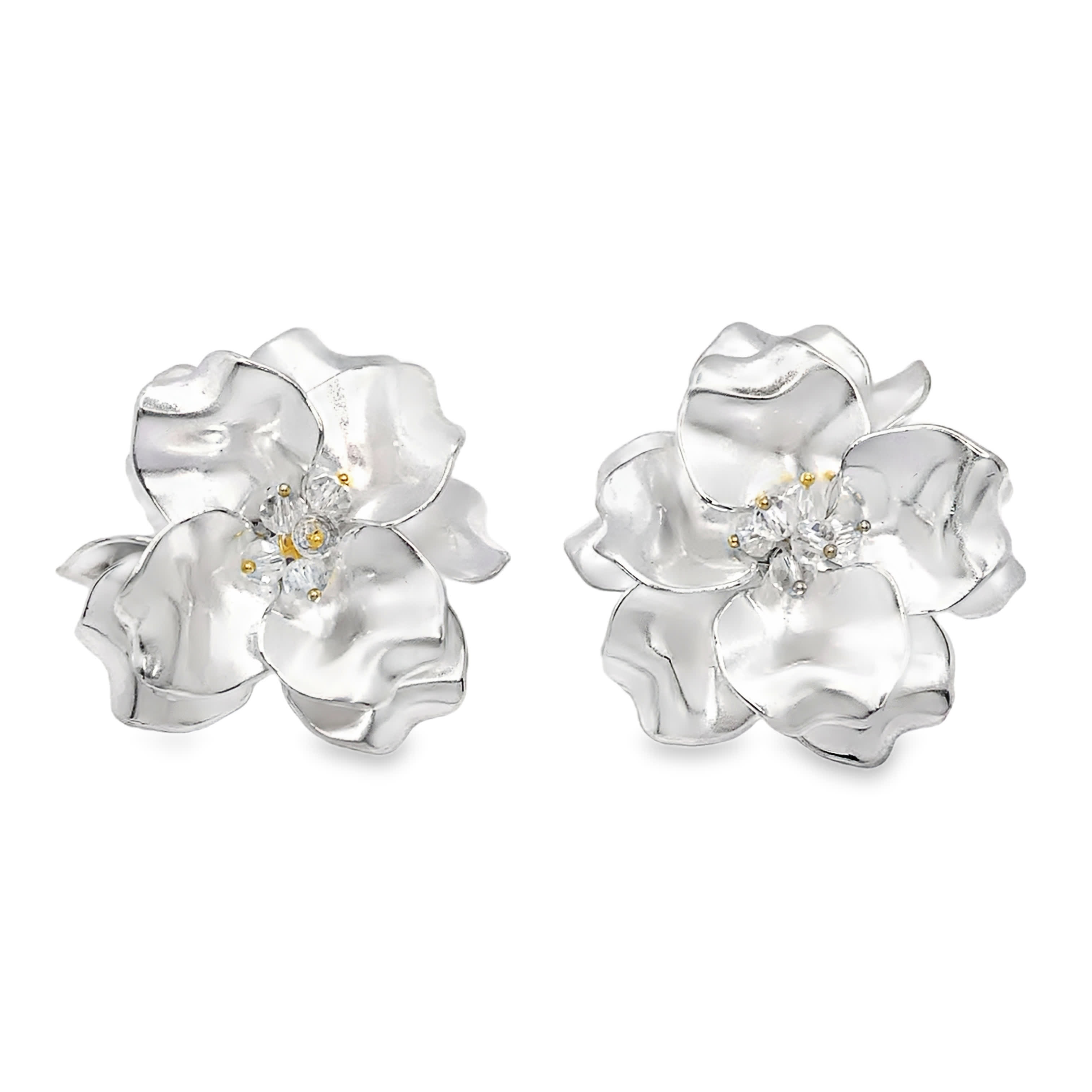 Posrebrzane kolczyki w kształcie kwiatów z kryształowymi akcentami