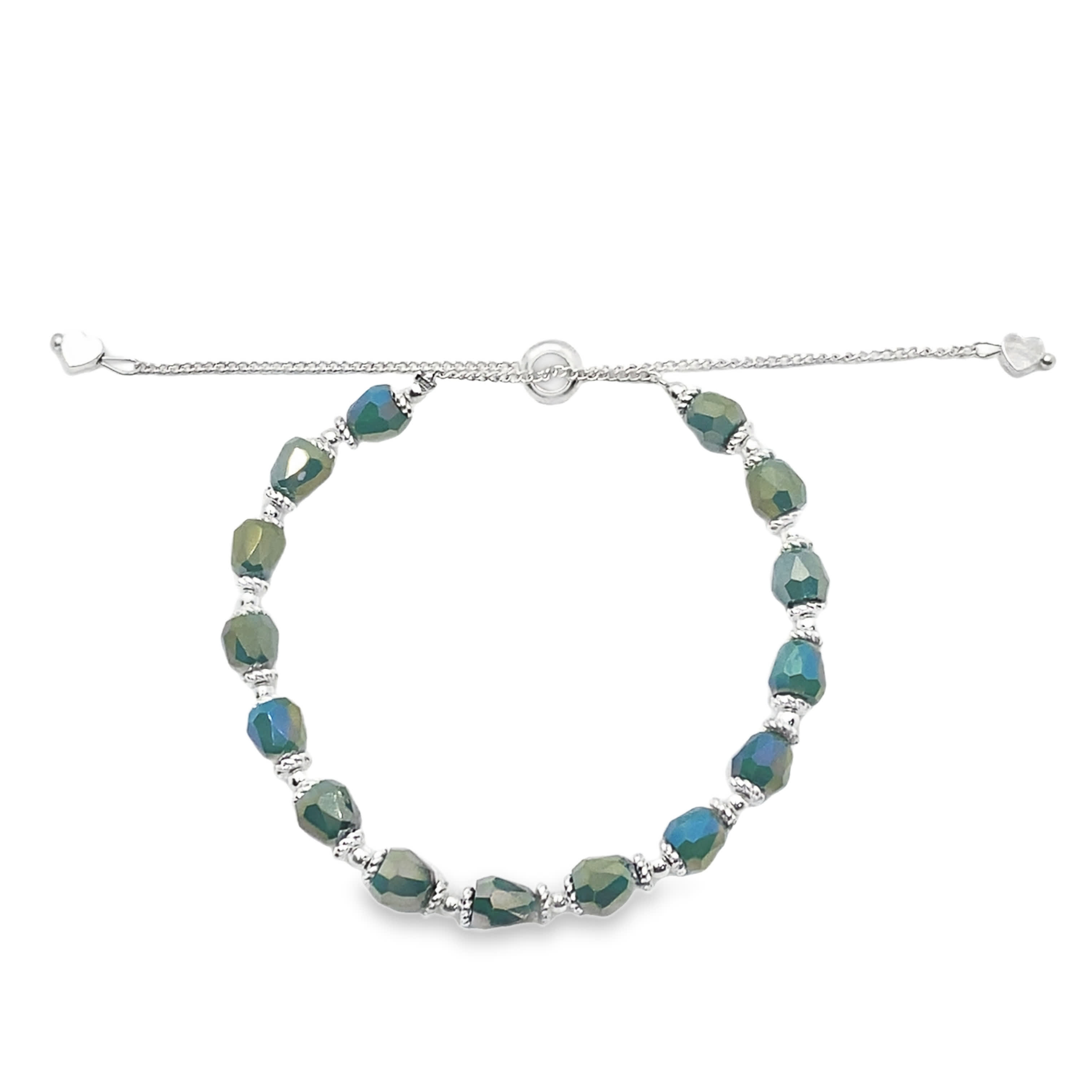 Bransoletka z koralików srebrnych z zielonymi kryształkami