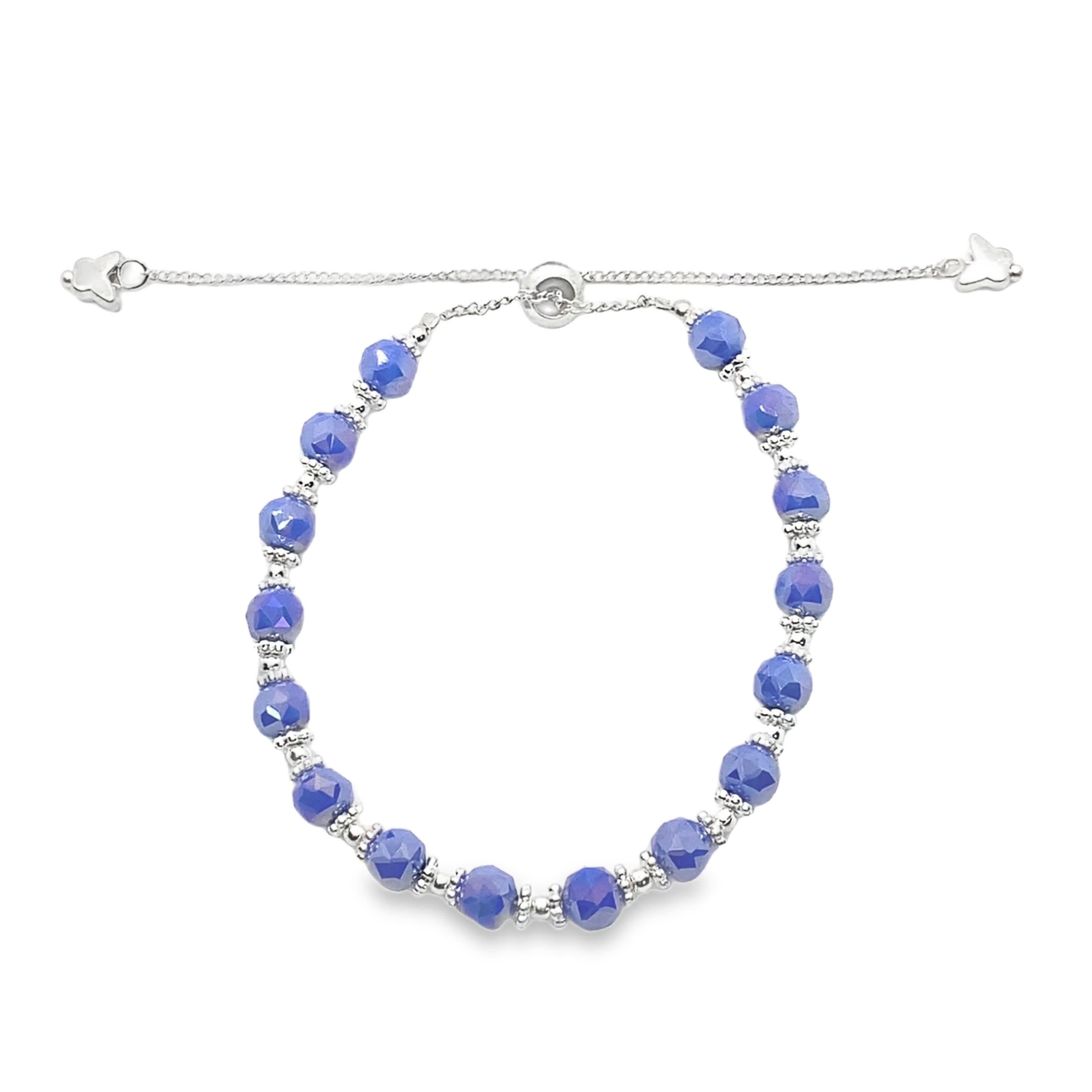 Srebrna bransoletka z koralikami i niebiesko-fioletowymi kryształowymi kaboszonami