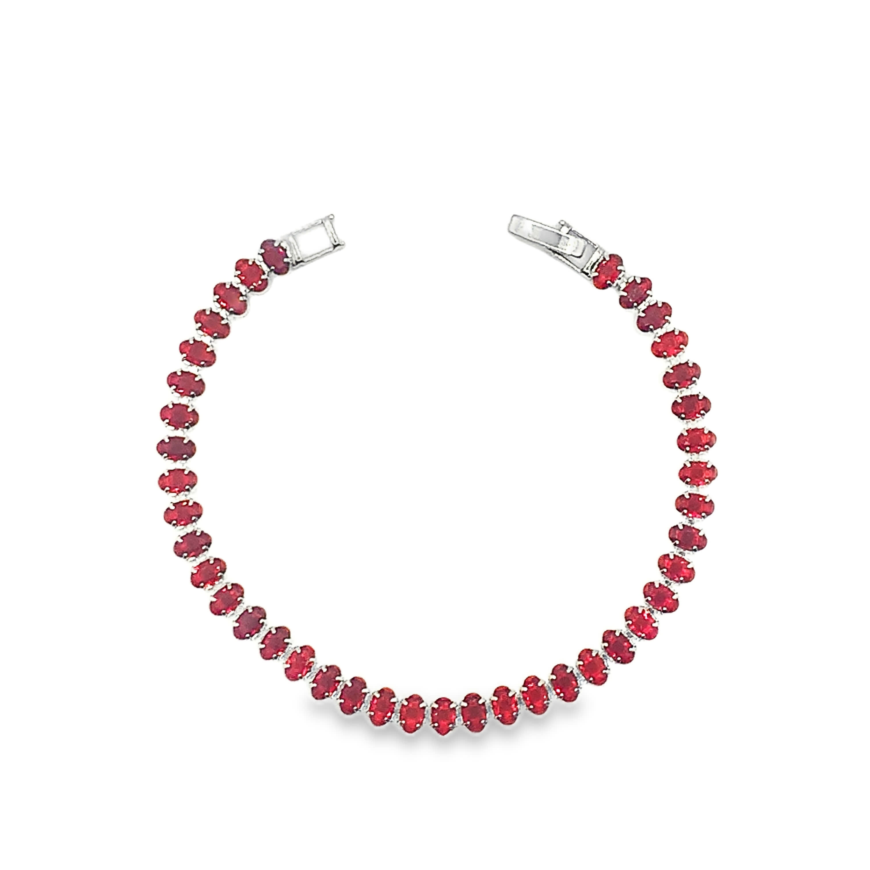 White Gold Tennis Bracelet with Cabochon Oval Red Rubies