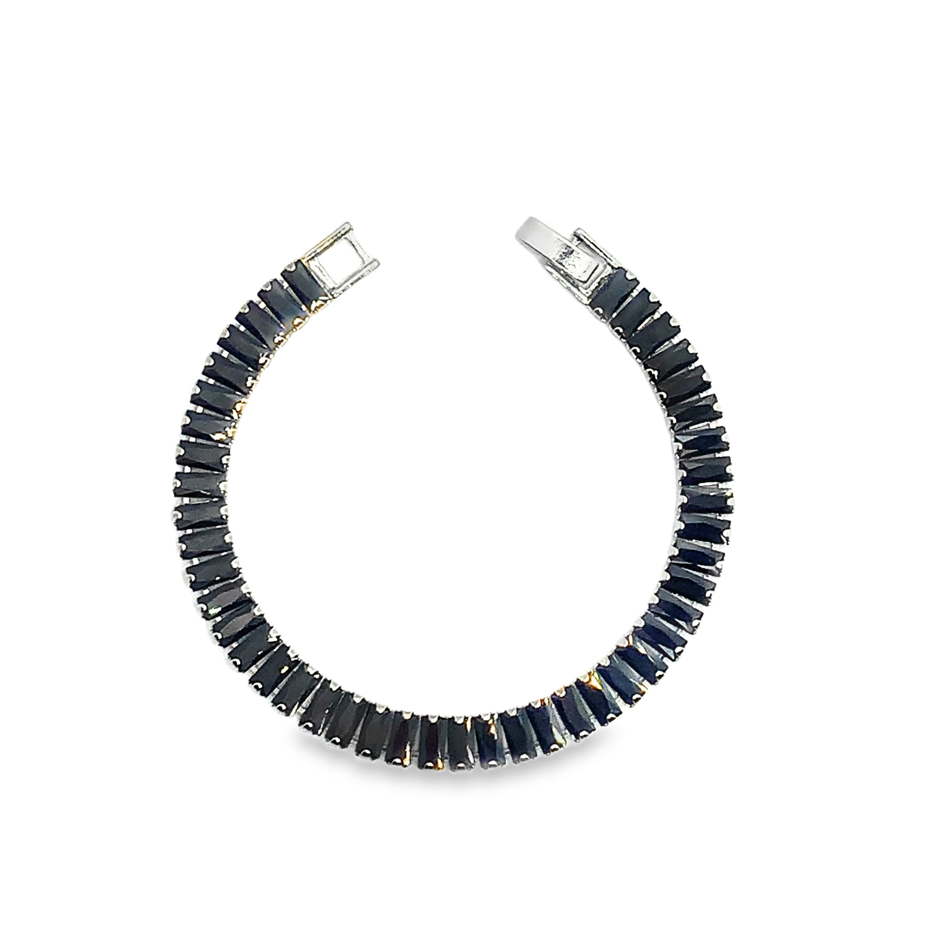 White Gold Plated Silver Tennis Bracelet with Fancy Black Baguette Cut Diamonds