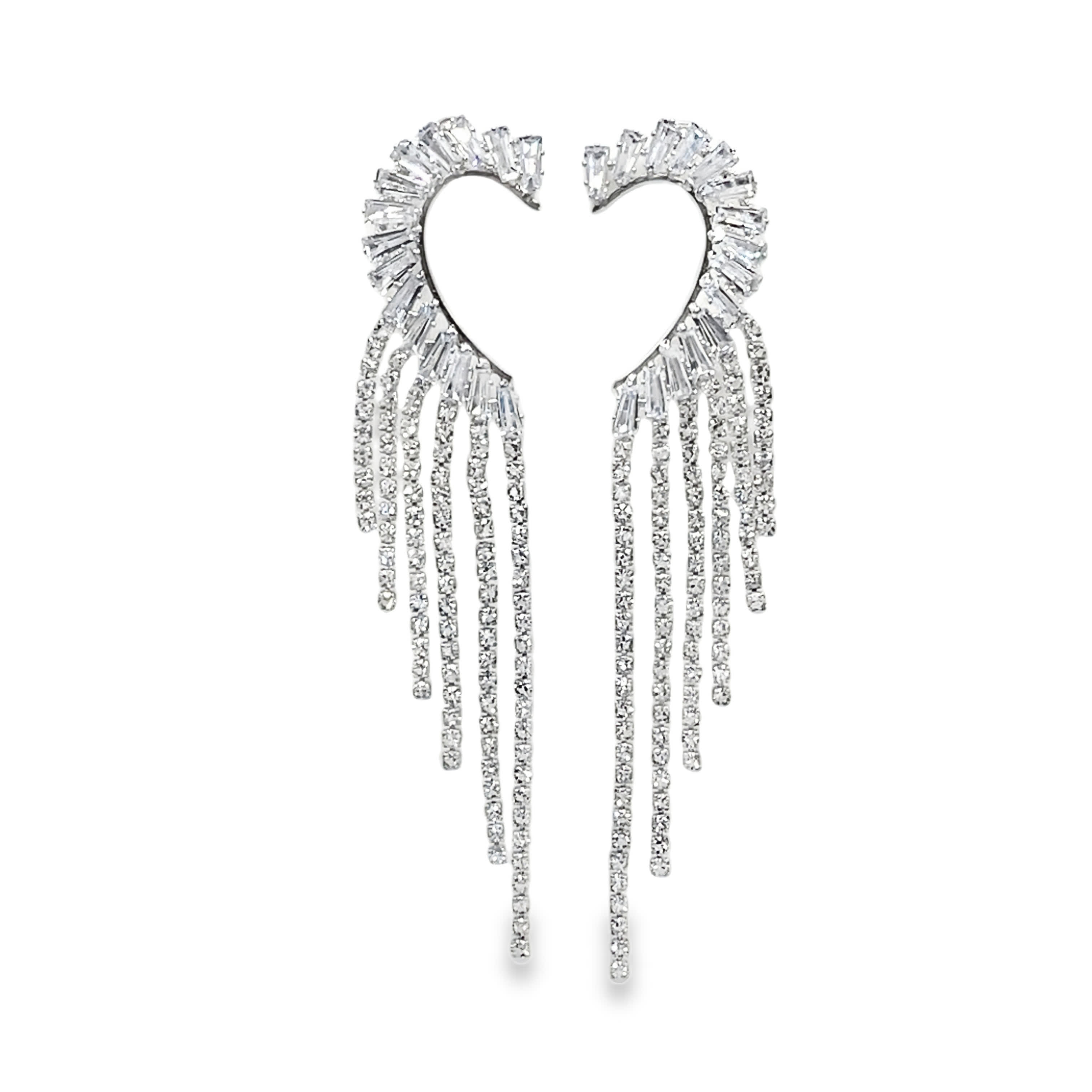 Srebrne wiszące kolczyki z frędzlami z kryształu szlifowanego bagietką