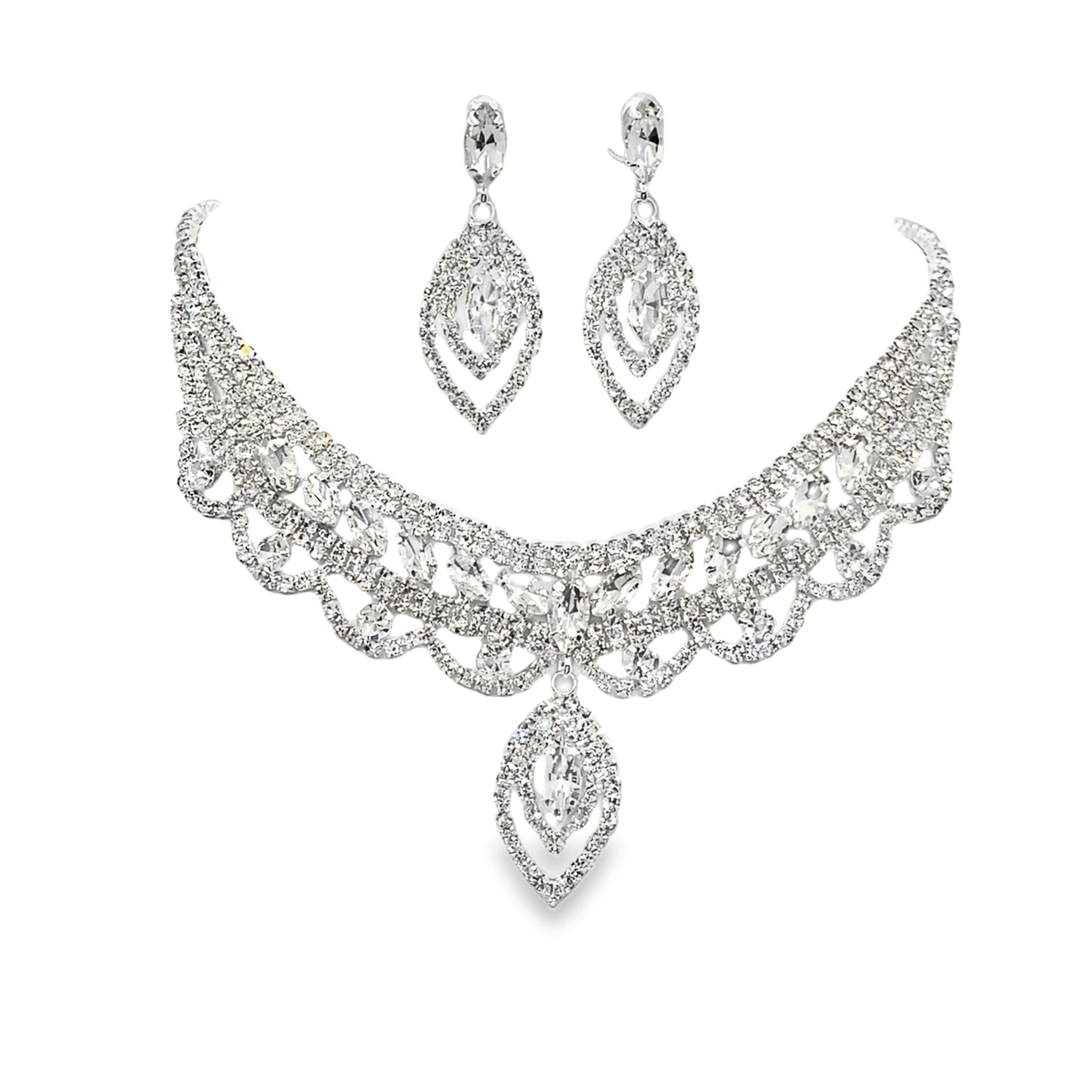 Lśniący kryształowy naszyjnik i kolczyki w srebrze platerowanym białym złotem