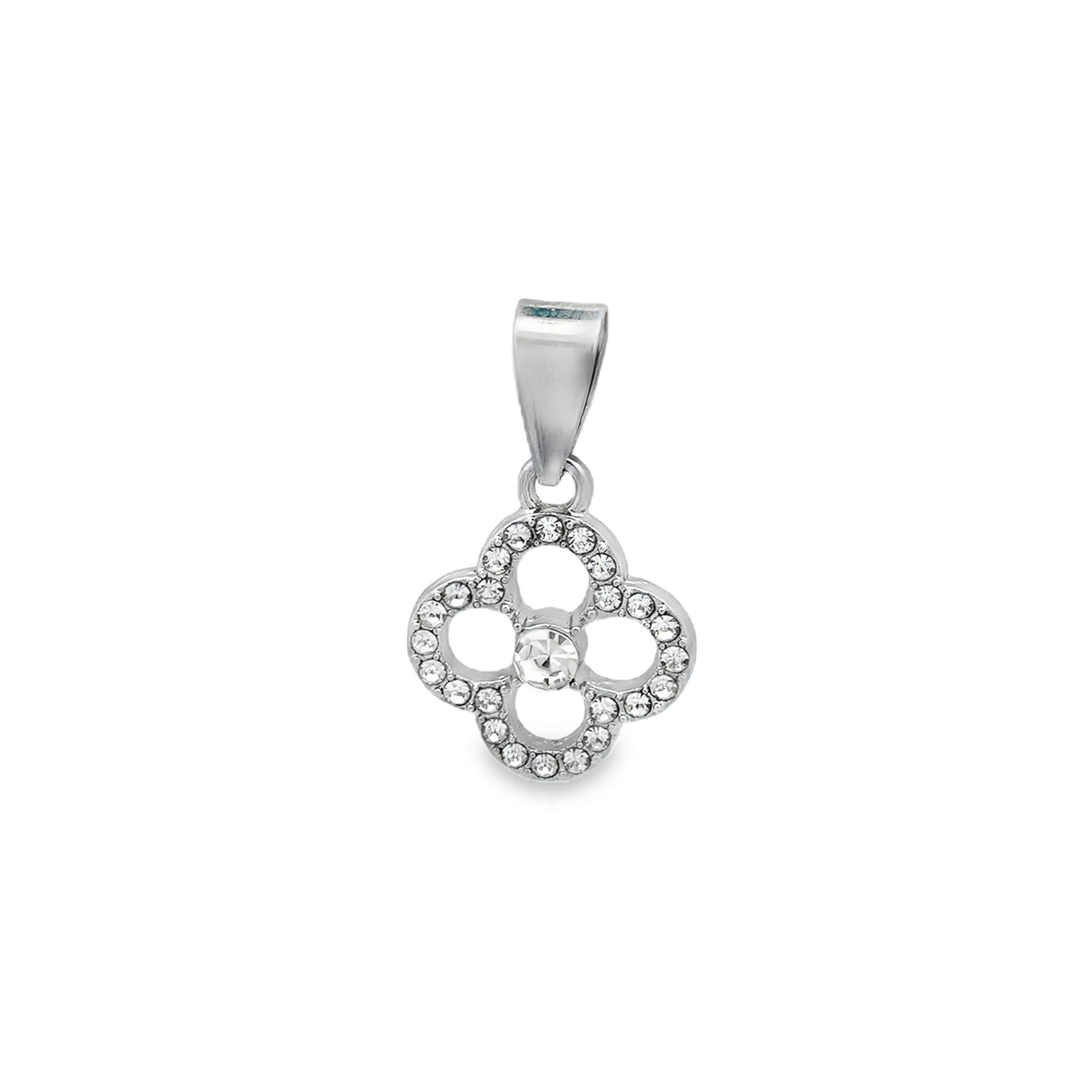 Zawieszka koniczynka z posrebrzanego metalu z okrągłą cyrkonią o szlifie brylantowym