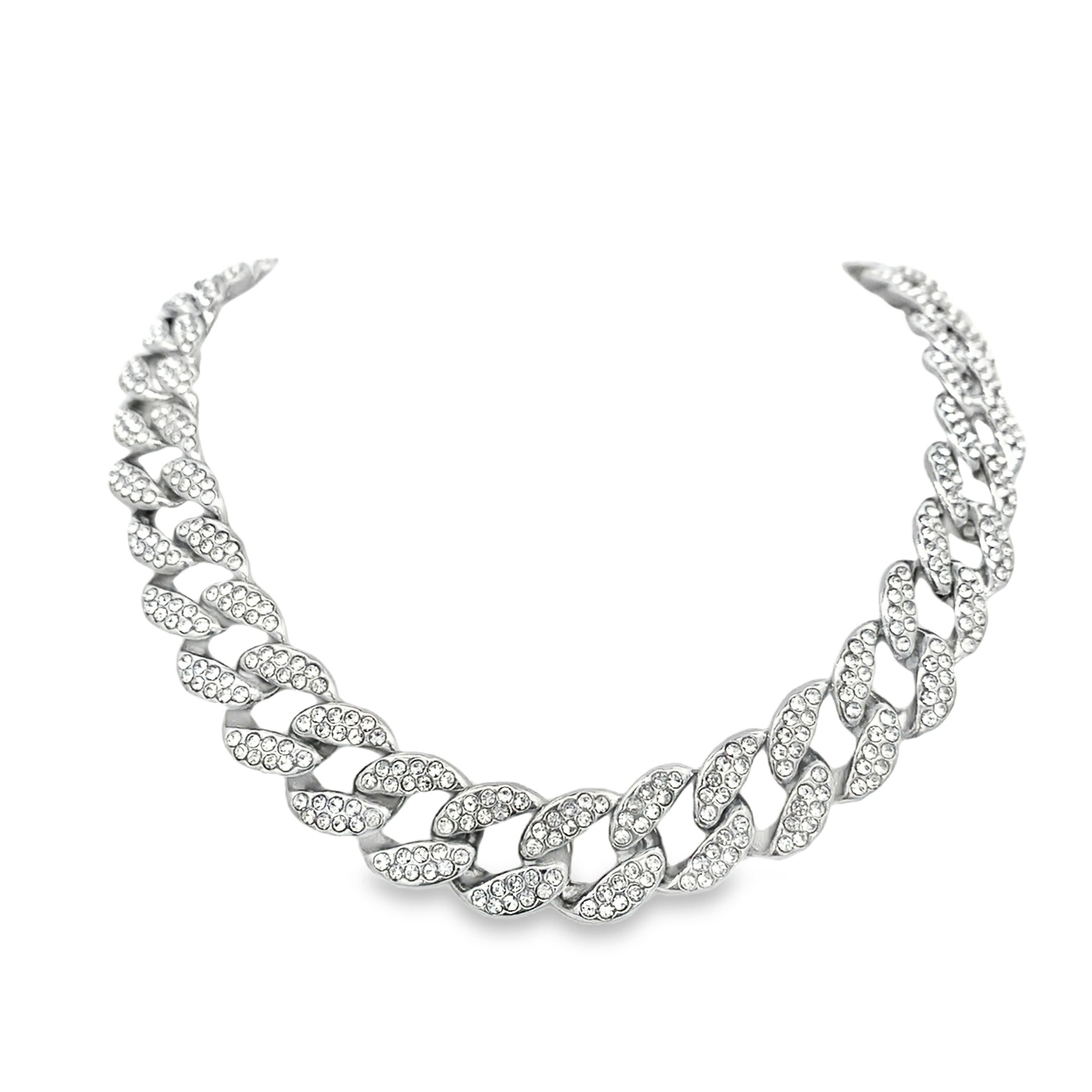 Silver-Toned Crystal Pavé Cuban Link Curb Chain Necklace