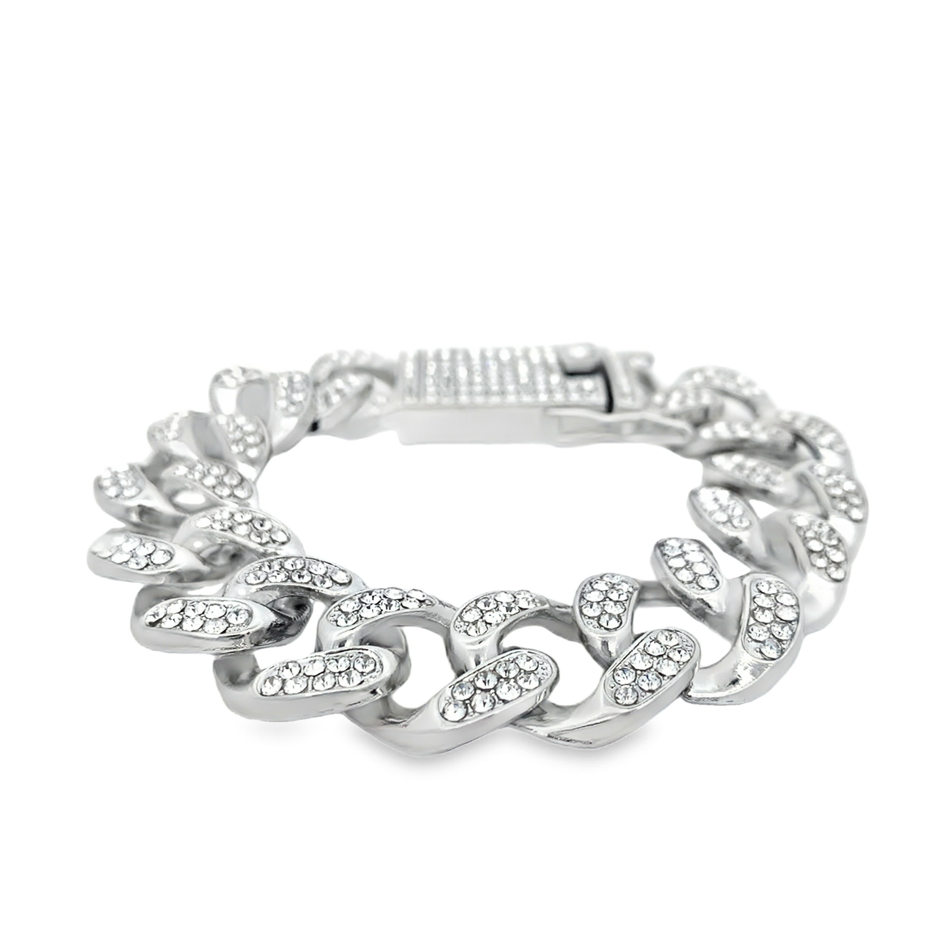 Bransoletka łańcuch cuban z kamieniami, wykończenie w chłodnej tonacji metalu