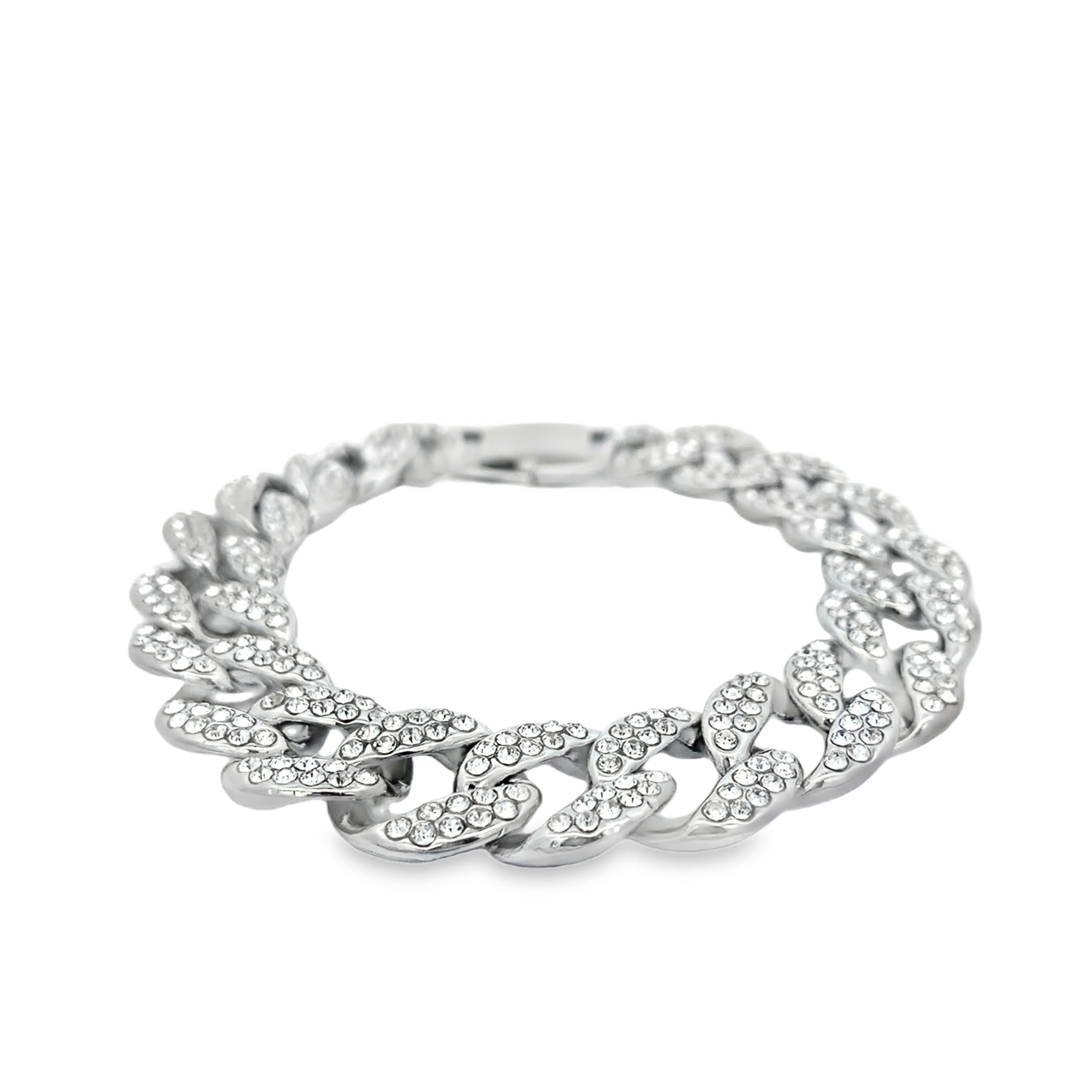 Bransoletka łańcuch cuban z kamieniami, metal w chłodnej tonacji