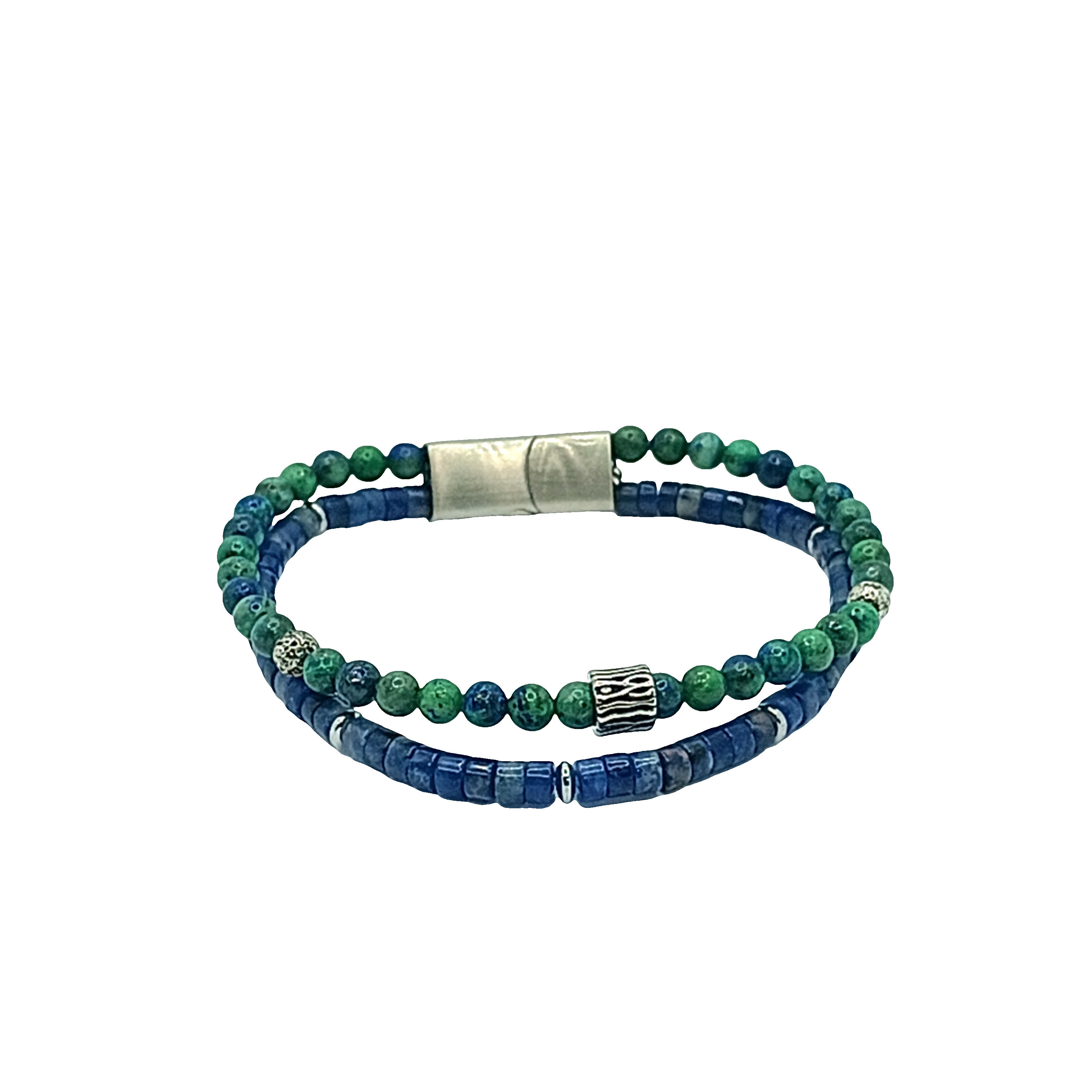 Zestaw bransoletek z koralików kyanitu i malachitu