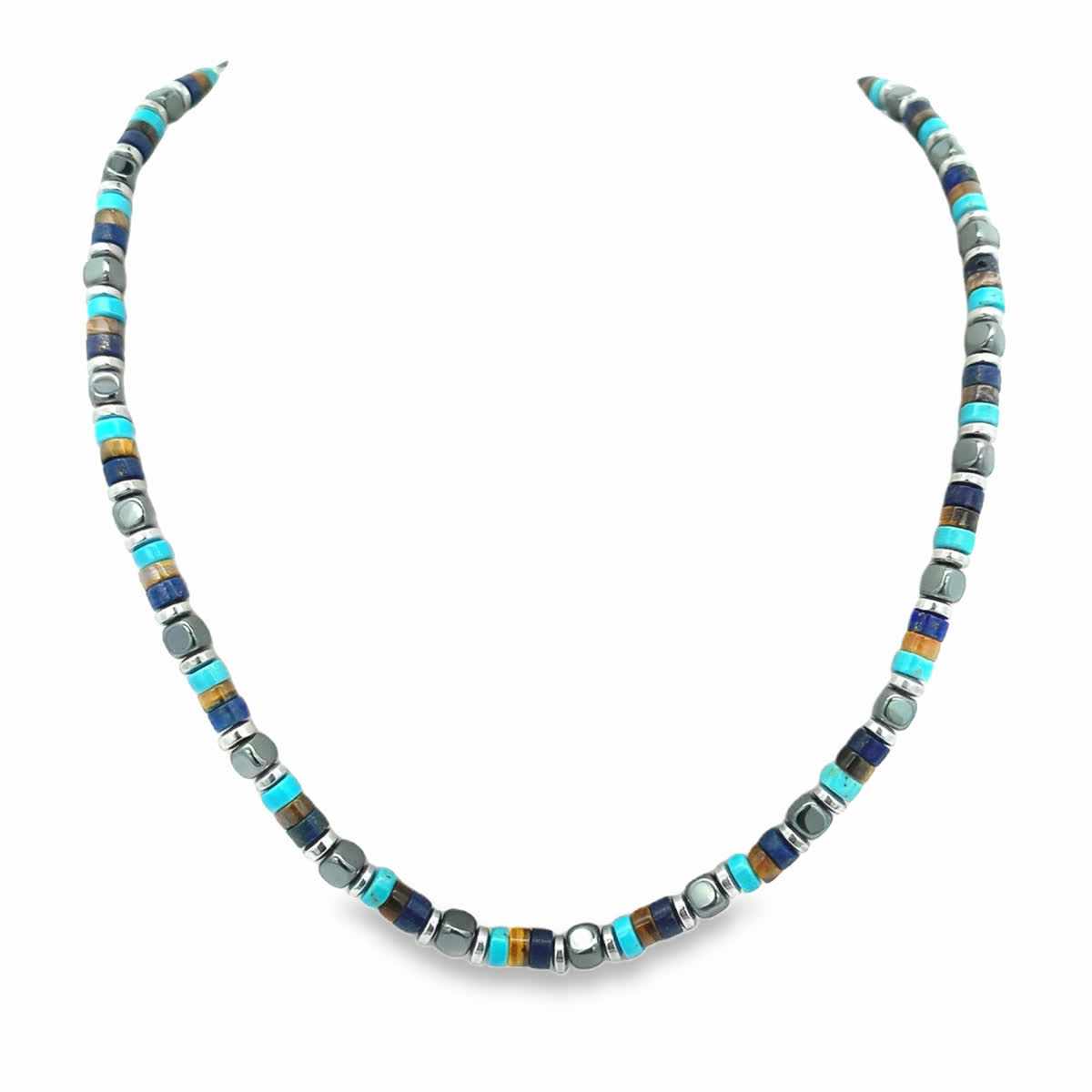 Naszyjnik Monaco Blue - Lapis Lazuri, Turkus, Tygrysie Oko, Hematyt, Stal Szlachetna