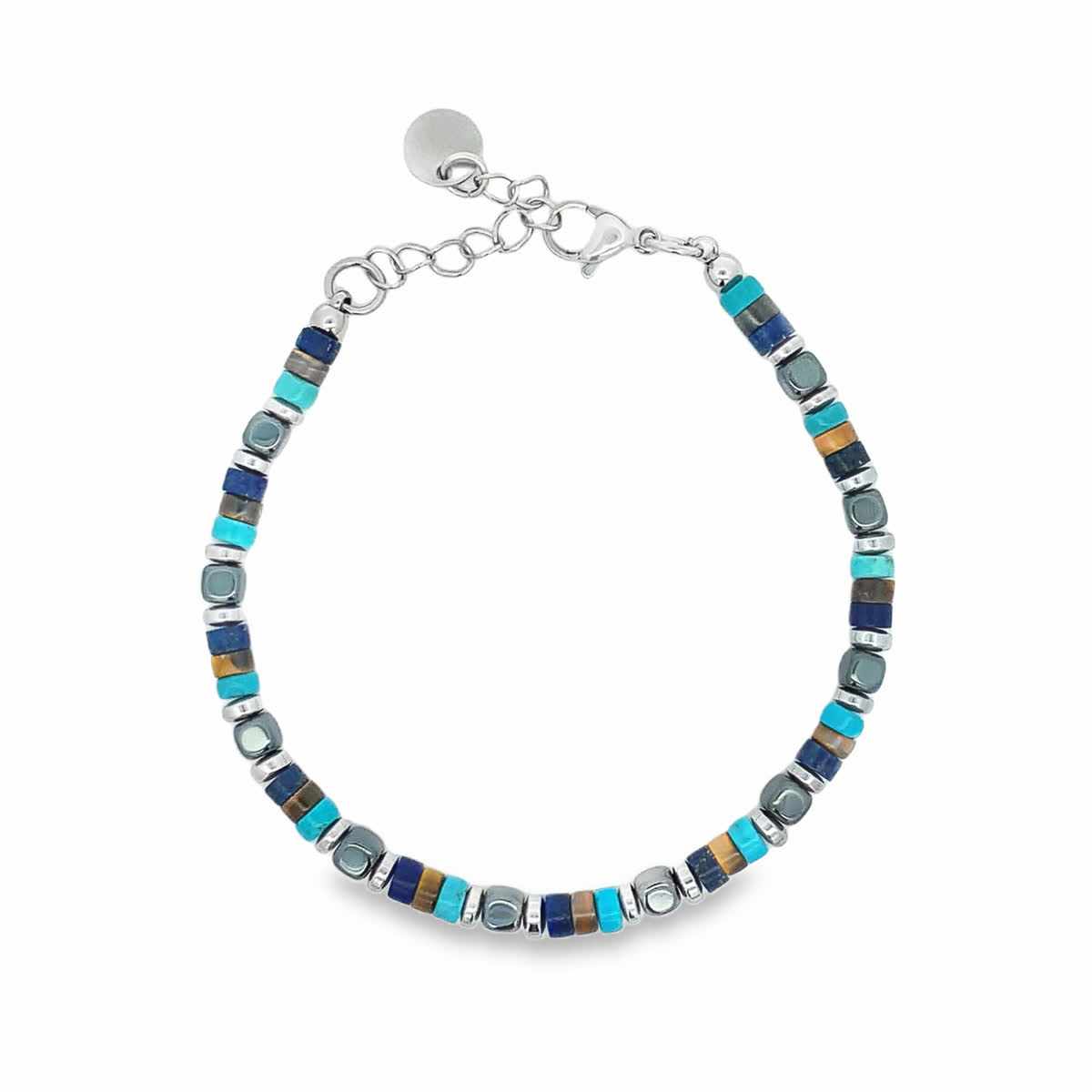 Bransoletka Monaco Blue - Lapis Lazuri, Turkus, Tygrysie Oko, Hematyt, Stal Szlachetna