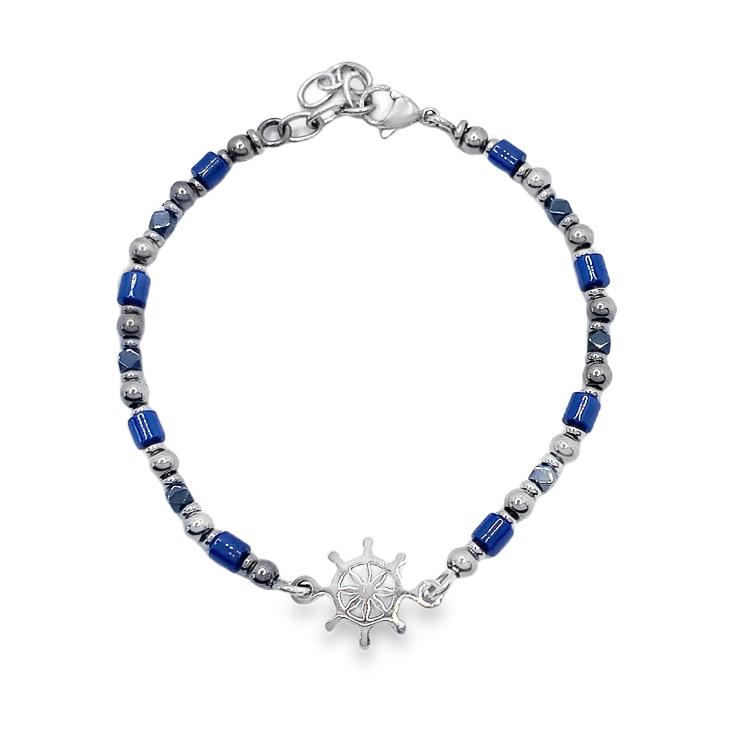 Metalowa bransoletka z koralików z akcentami lapis lazuli