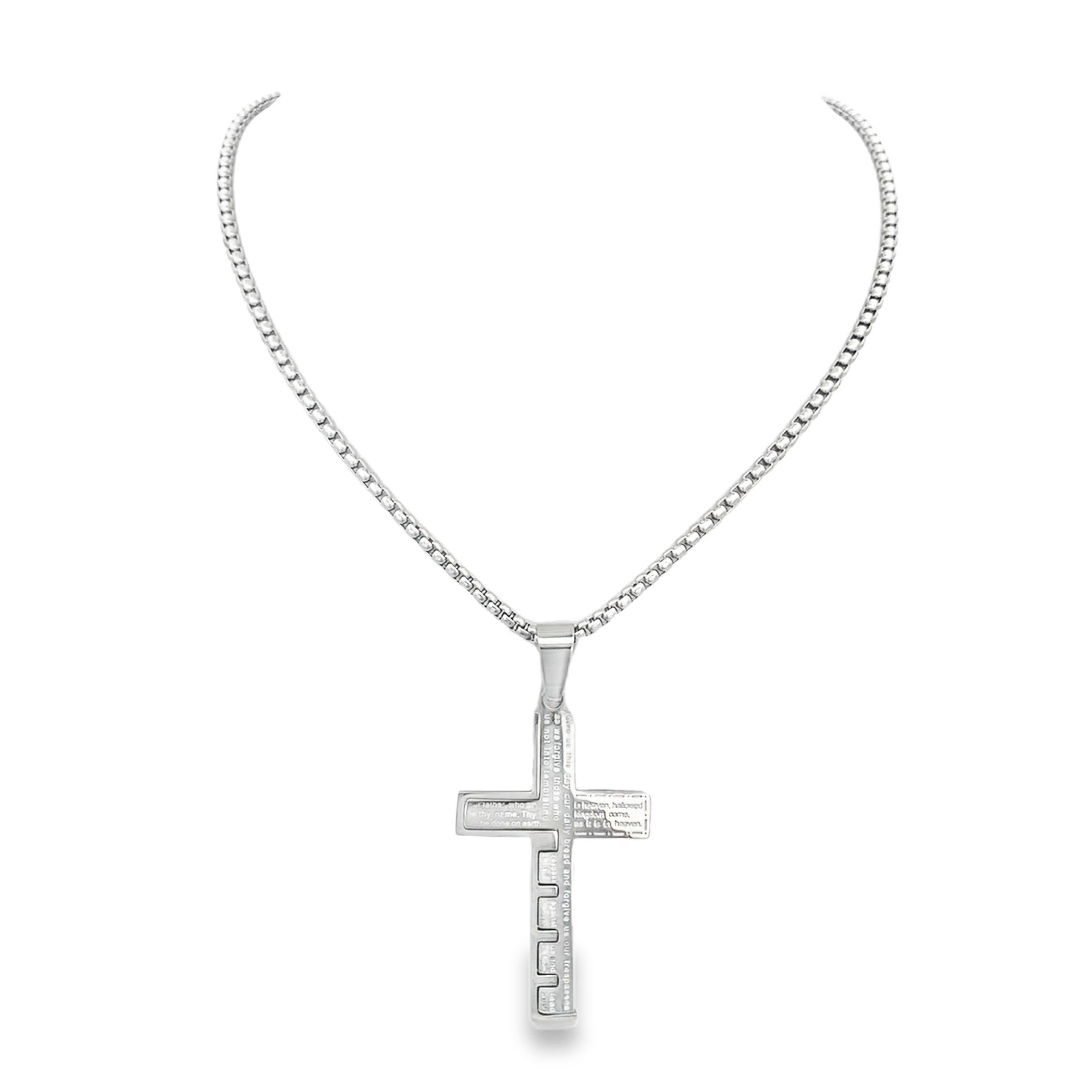 Engraved Lord\\\'s Prayer Cross Pendant on Box Chain
