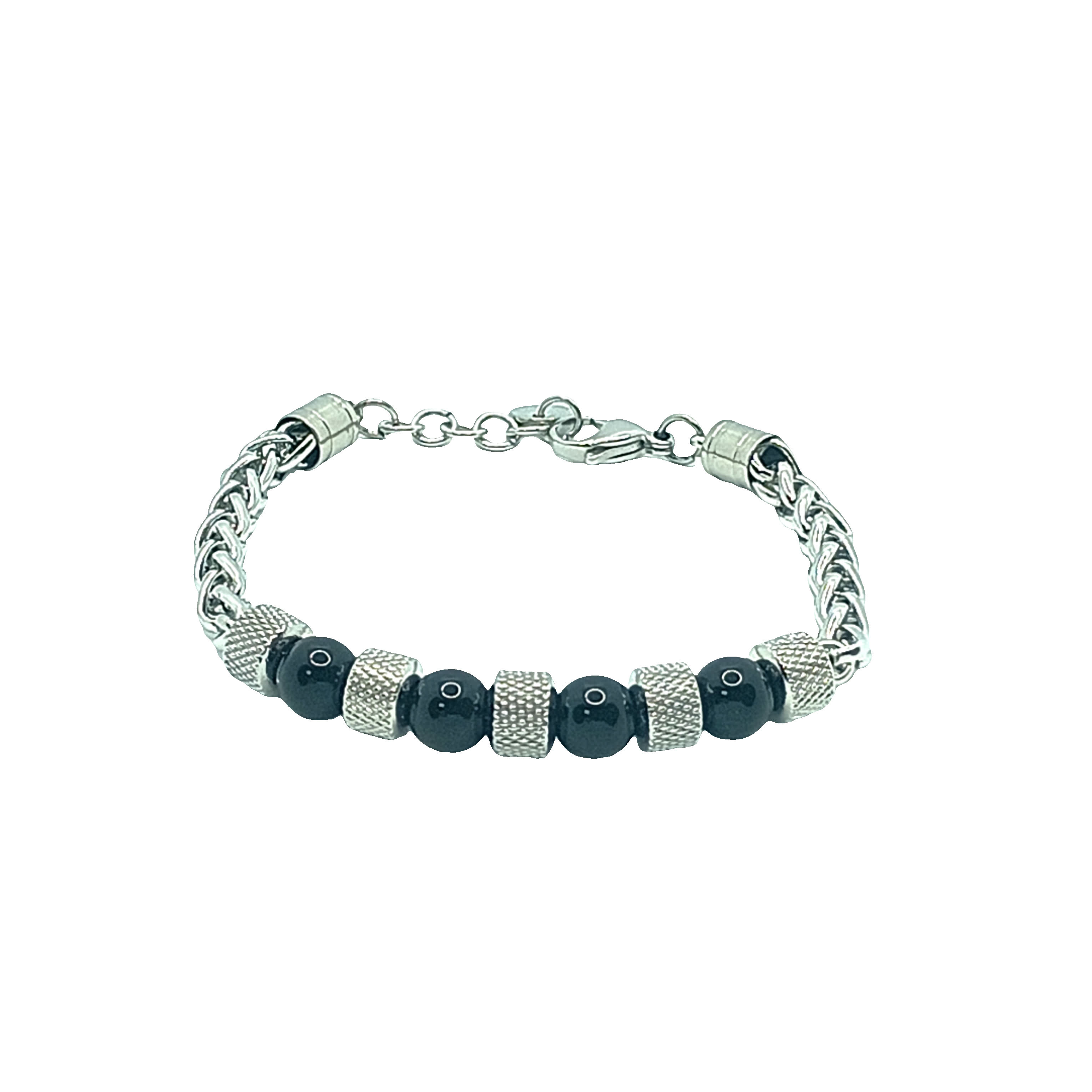 Bransoletka z koralików posrebrzanych z okrągłymi kaboszonami onyksu