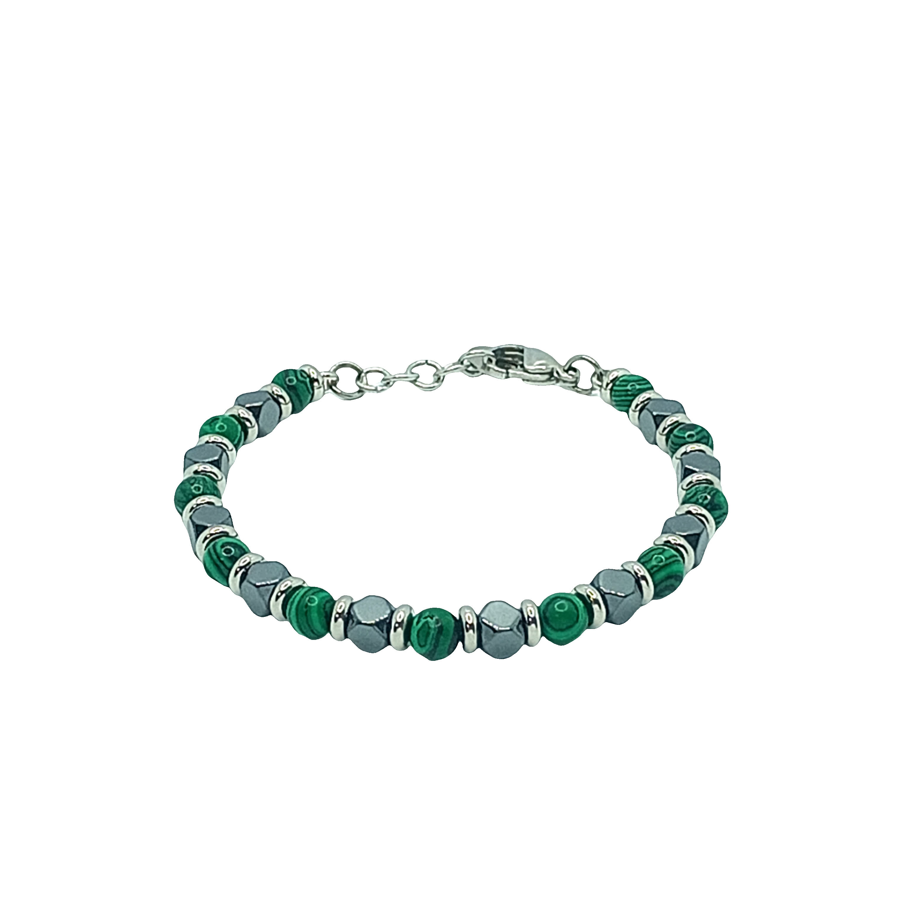 Bransoletka z koralików posrebrzanych z okrągłym malachitem szlifowanym kaboszonem