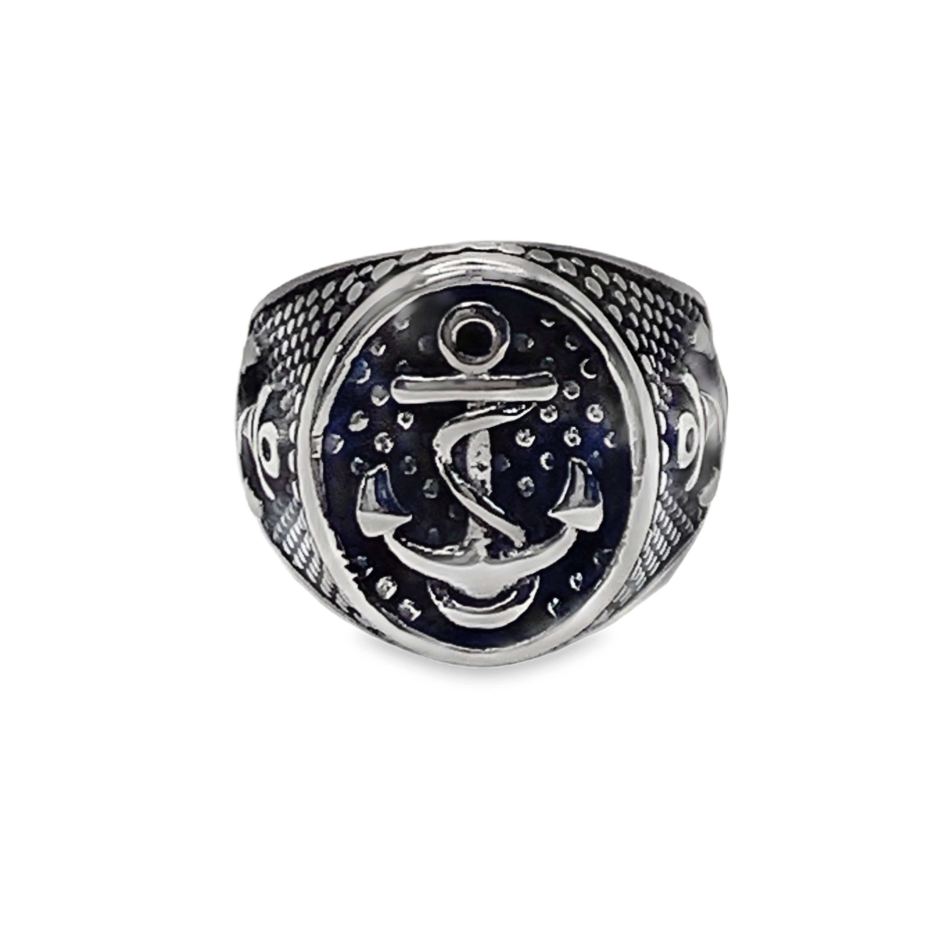 Posrebrzany sygnet z kotwicą morską