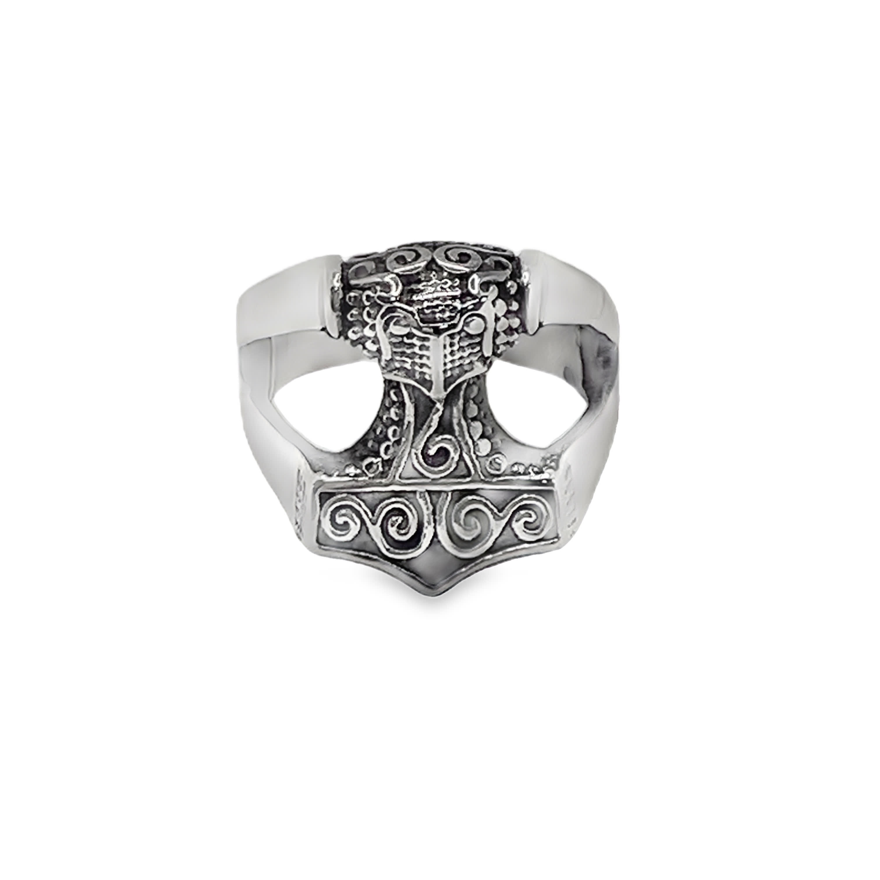 Pierścień z młotkiem Mjolnir ze posrebrzanej stali wysokiej próby