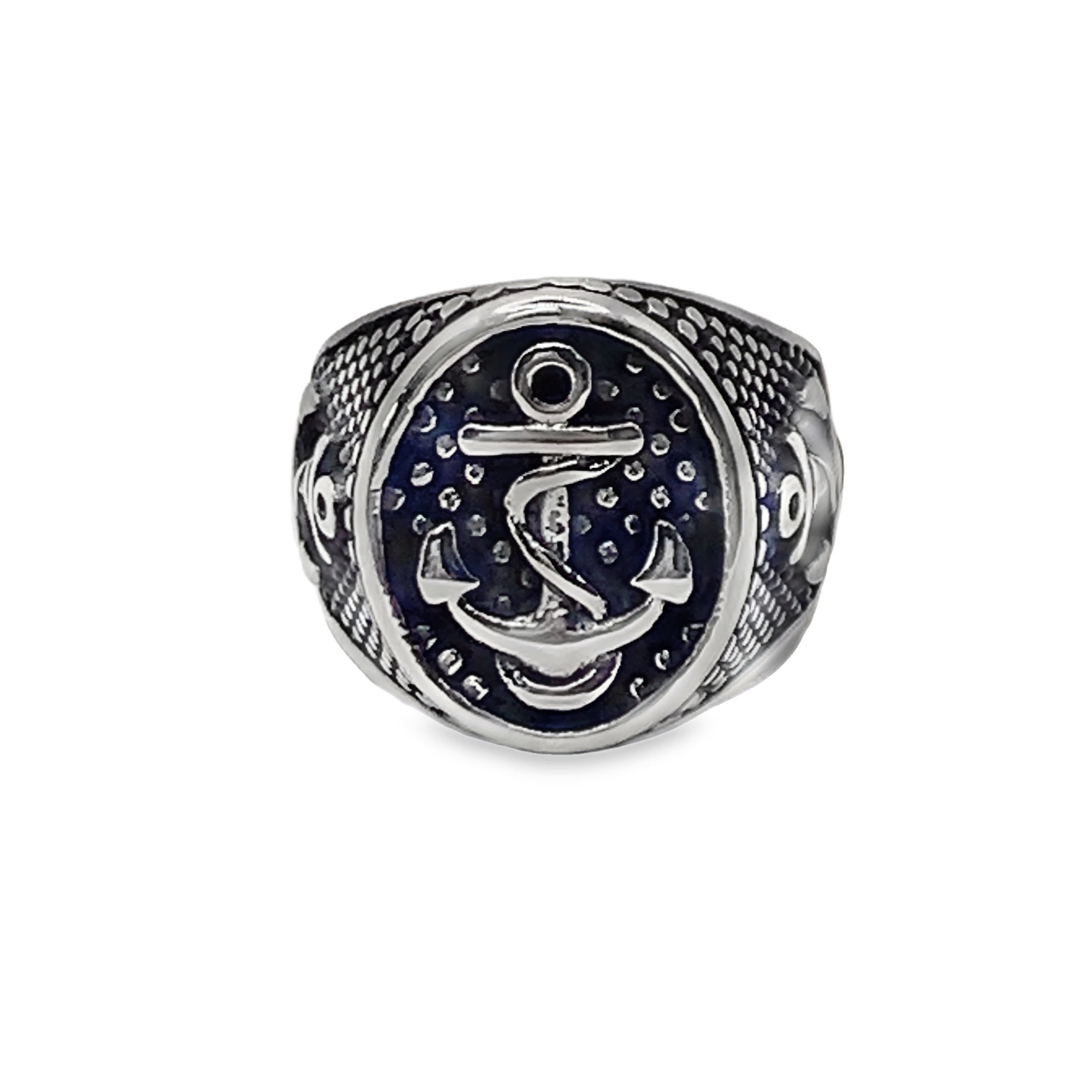 Posrebrzany sygnet z emblematem kotwicy