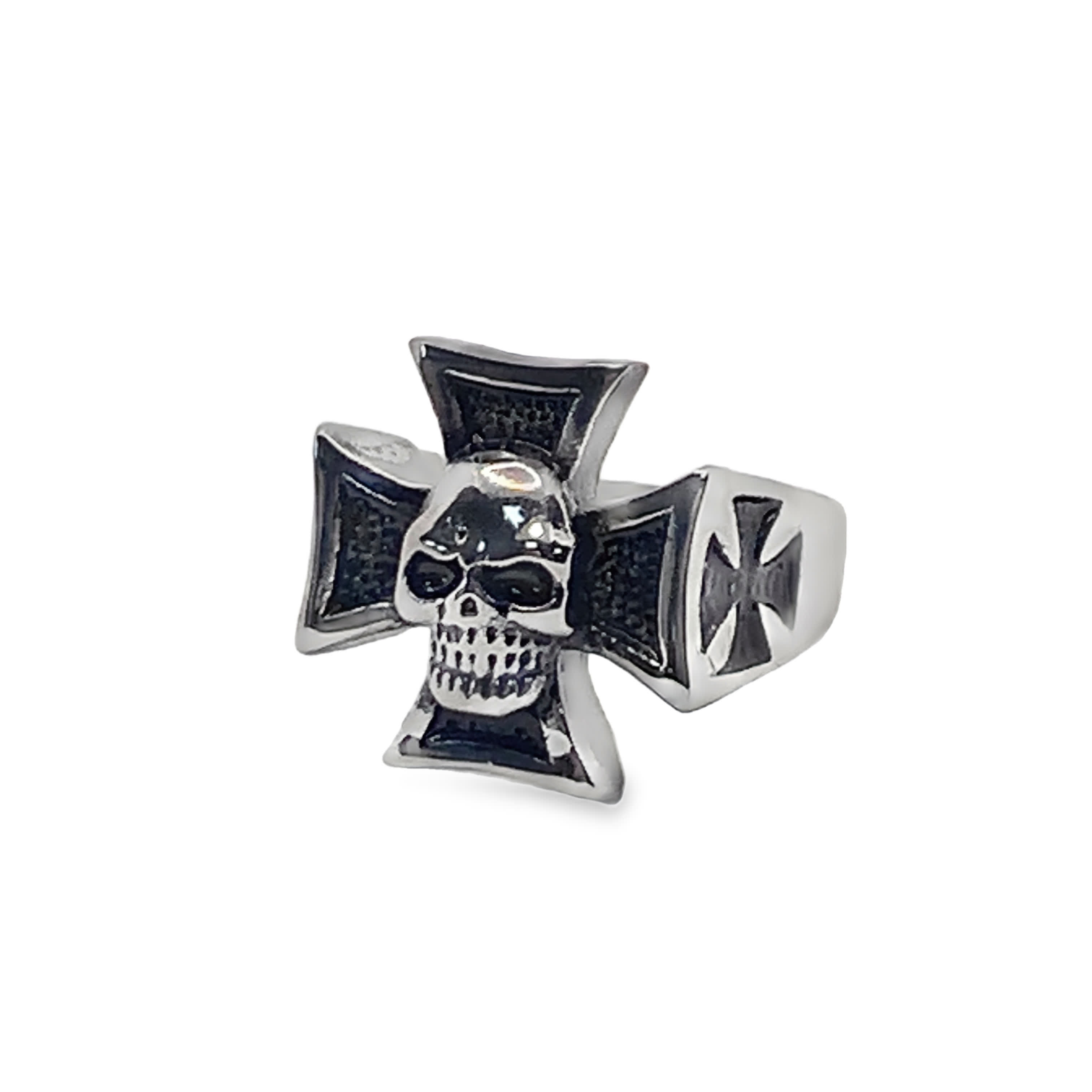 Sygnet ze posrebrzanej stali z czaszką i krzyżem maltańskim