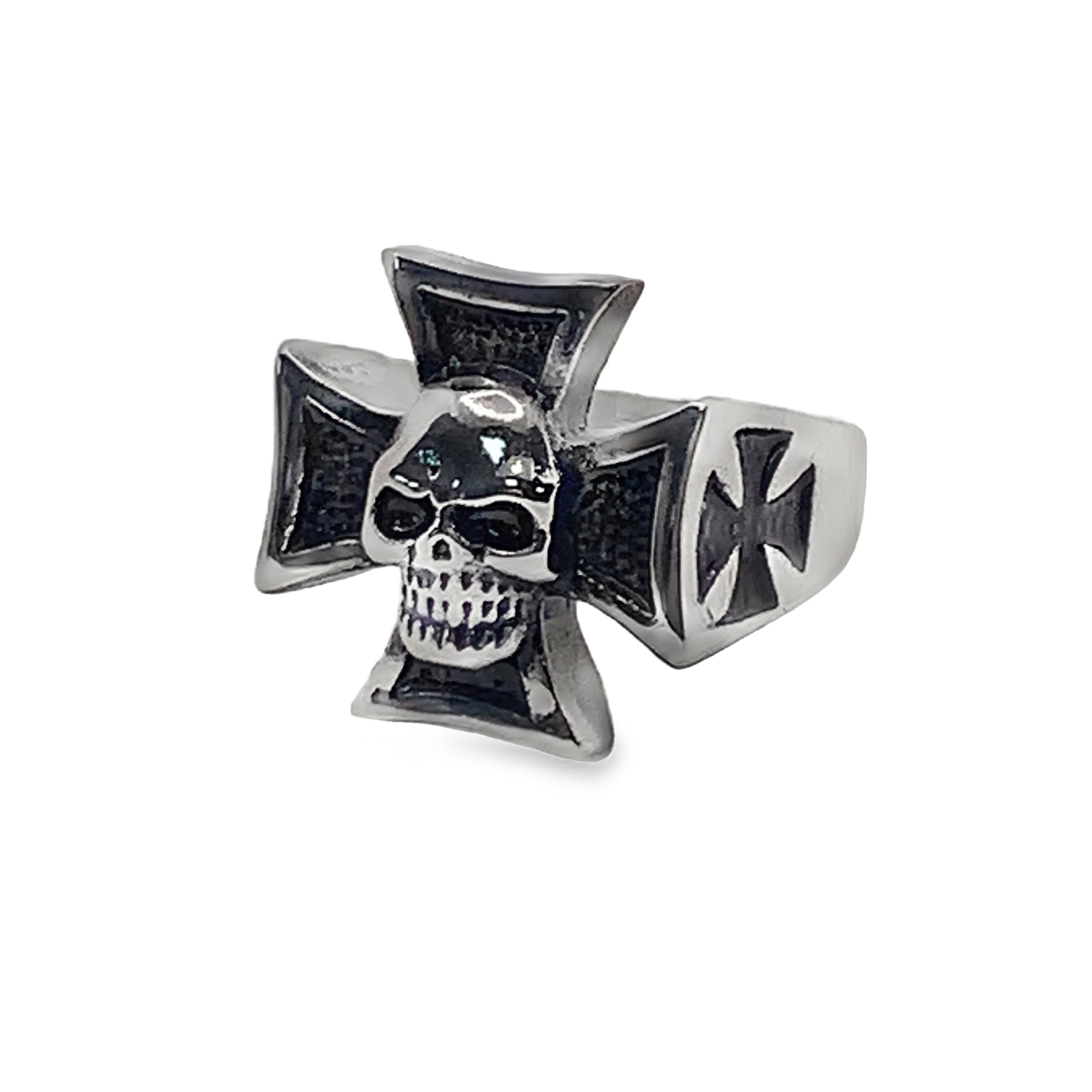 Sygnet ze posrebrzanej stali z czaszką i krzyżem maltańskim