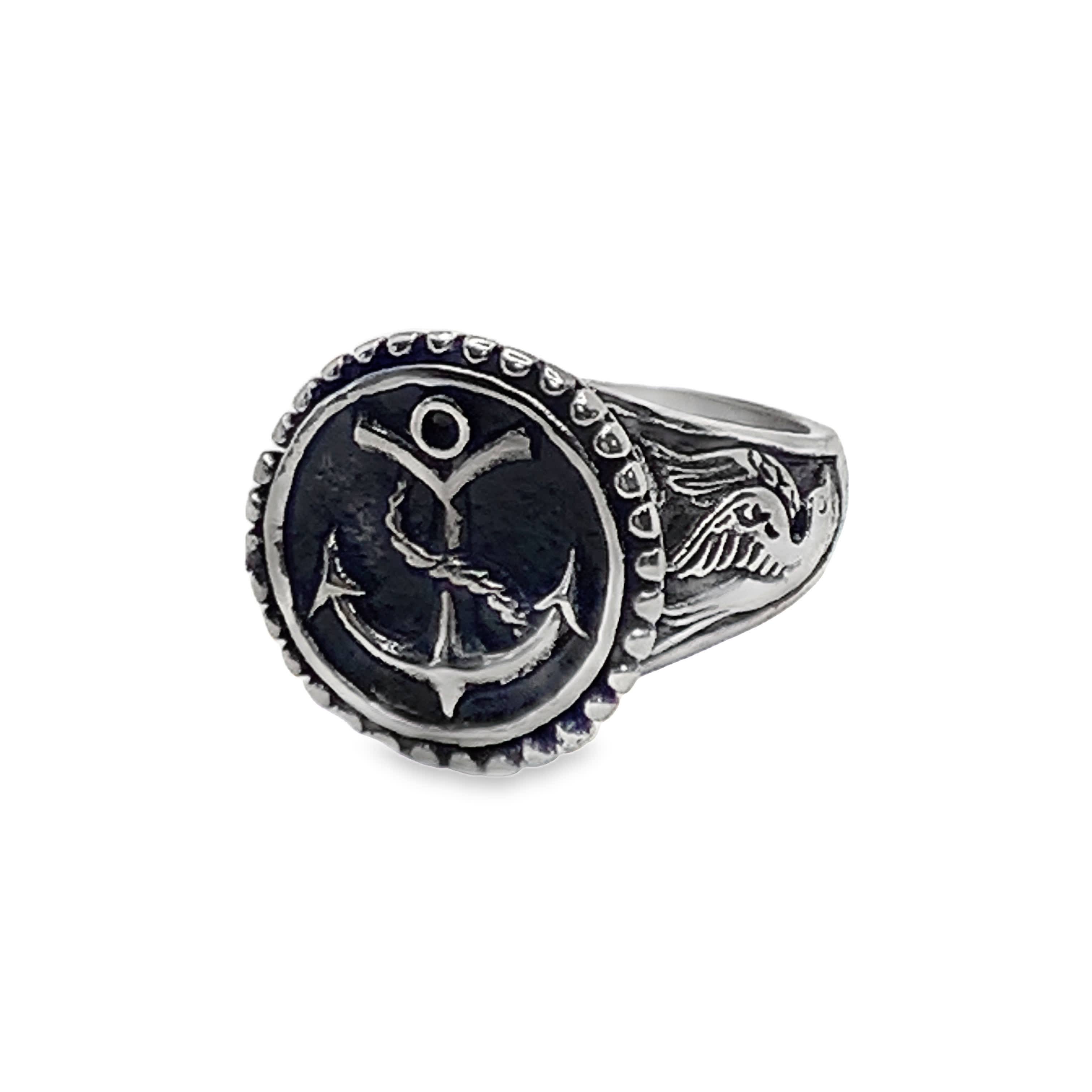 Posrebrzany sygnet z kotwicą i motywem marynistycznym