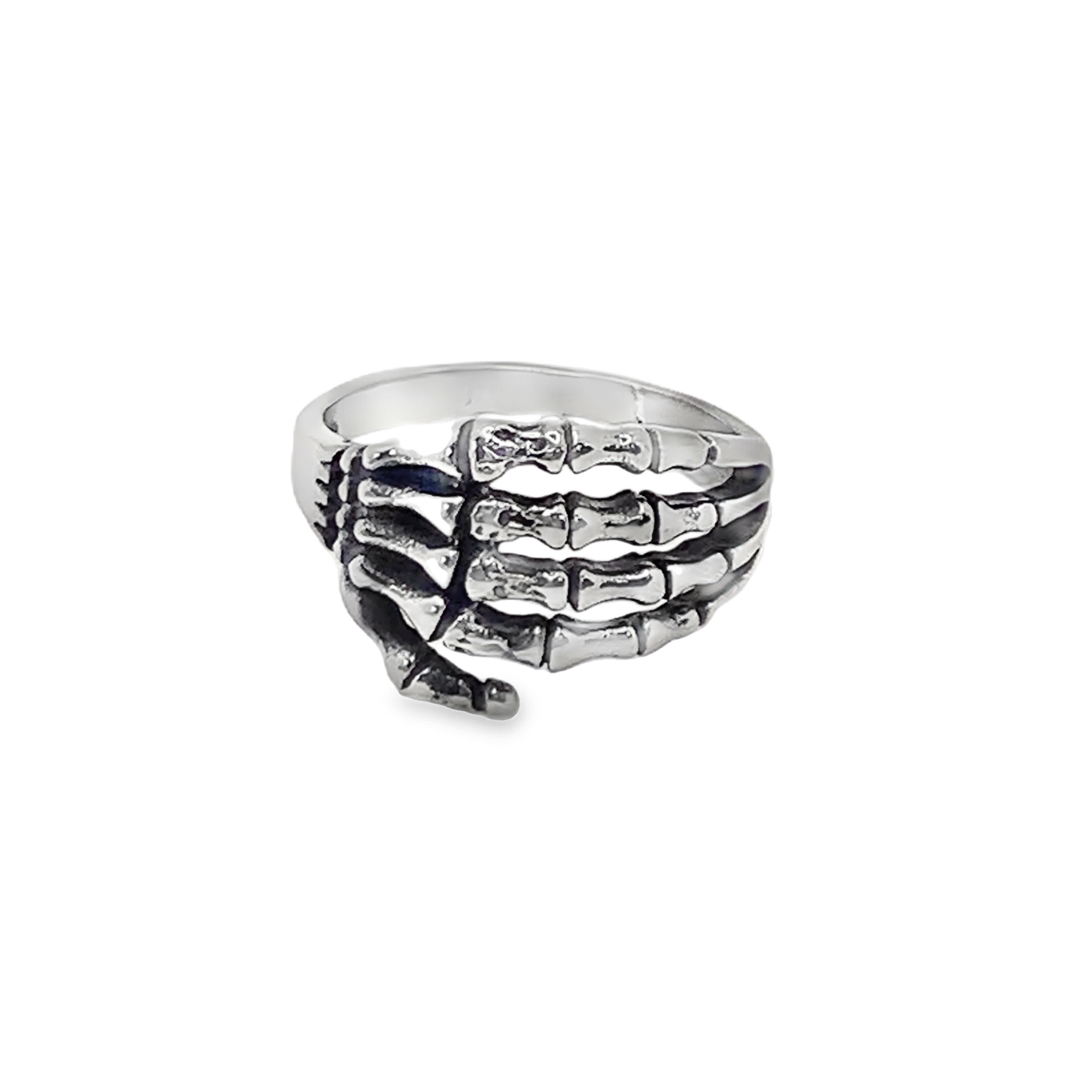 Pierścionek ze posrebrzanej stali z dłonią szkieletową