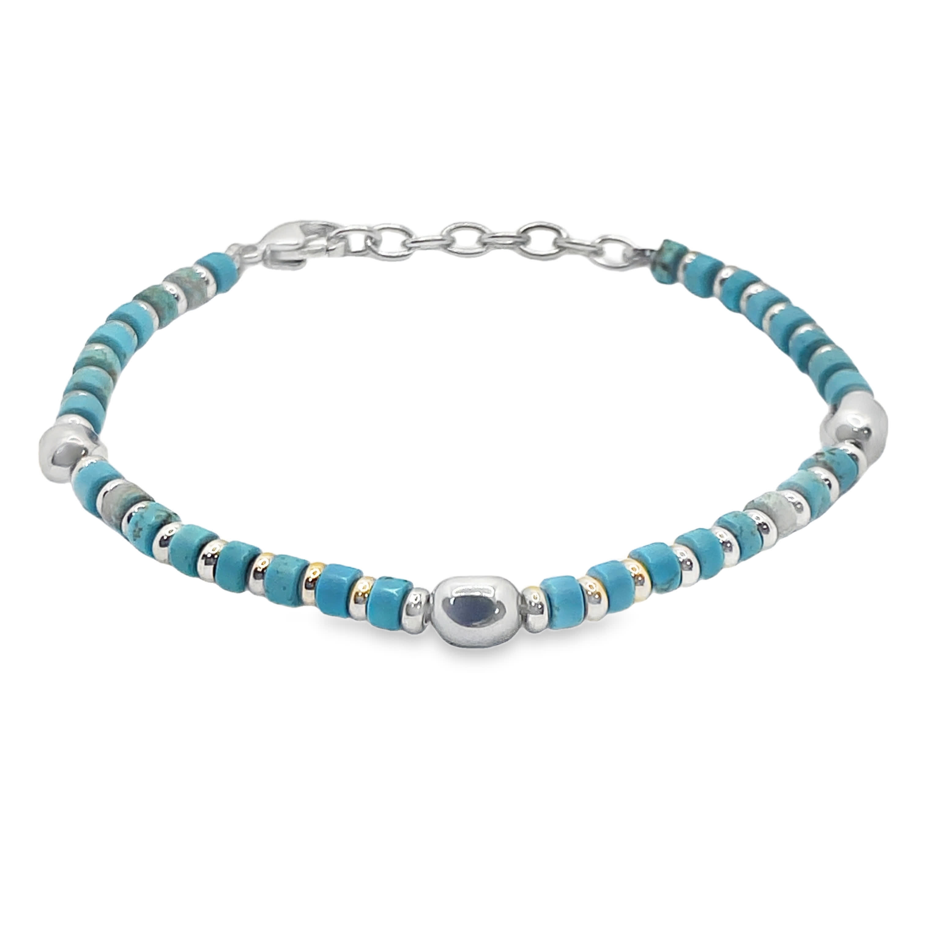Bransoletka z koralików posrebrzanych z turkusem kaboszonowym