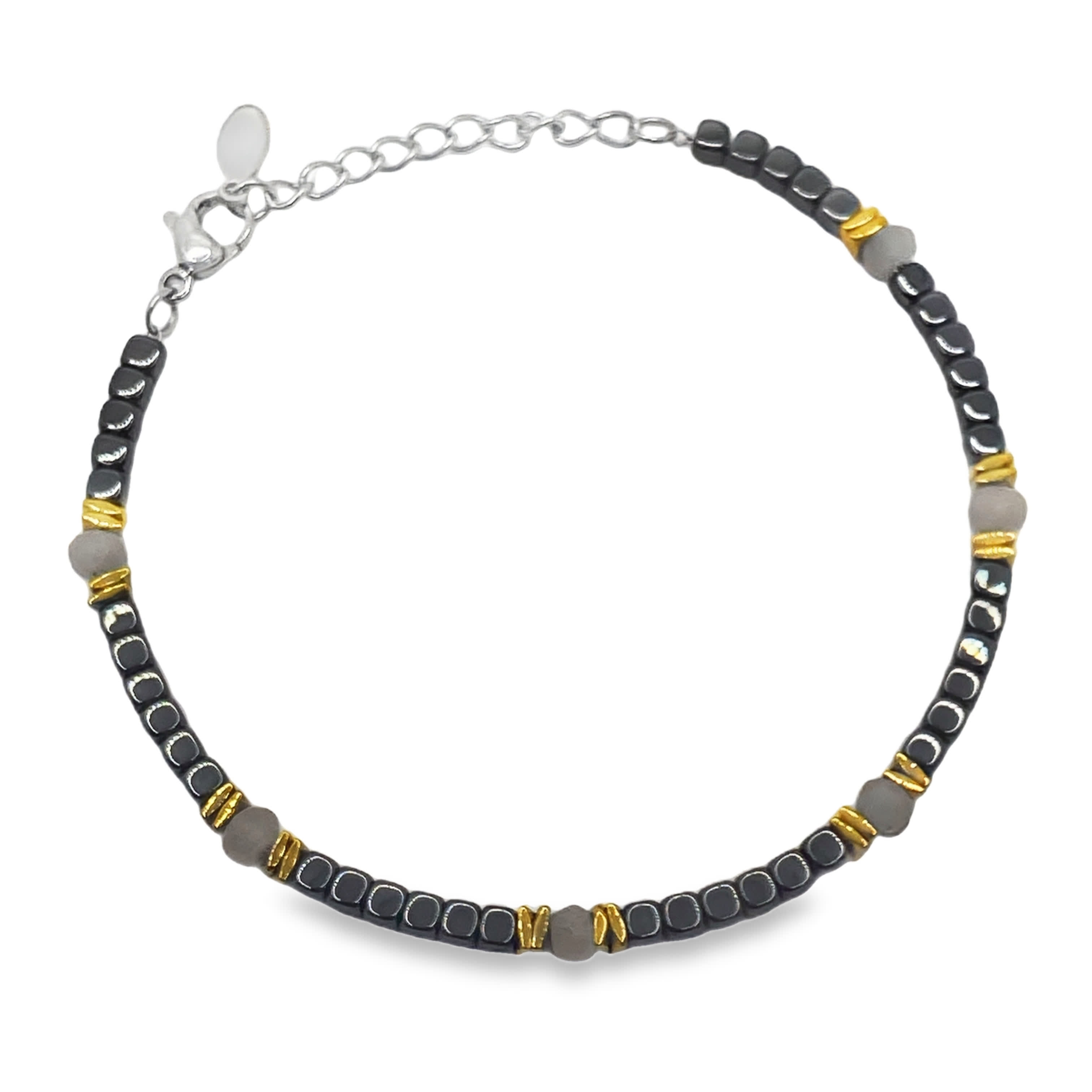 Bransoletka z koralików posrebrzanych z kaboszonami księżycowymi