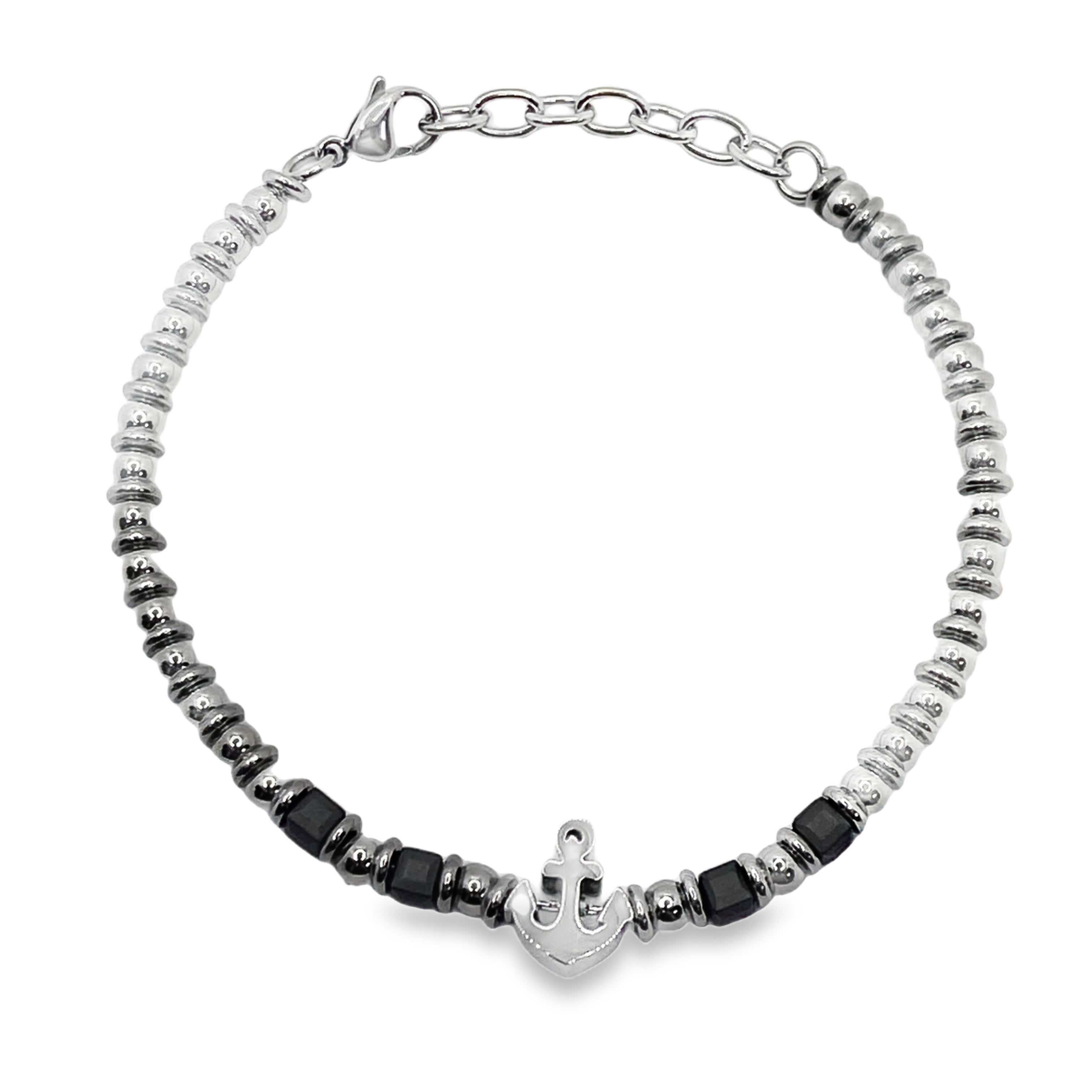 Posrebrzana bransoletka z koralikami i zawieszką w kształcie kotwicy