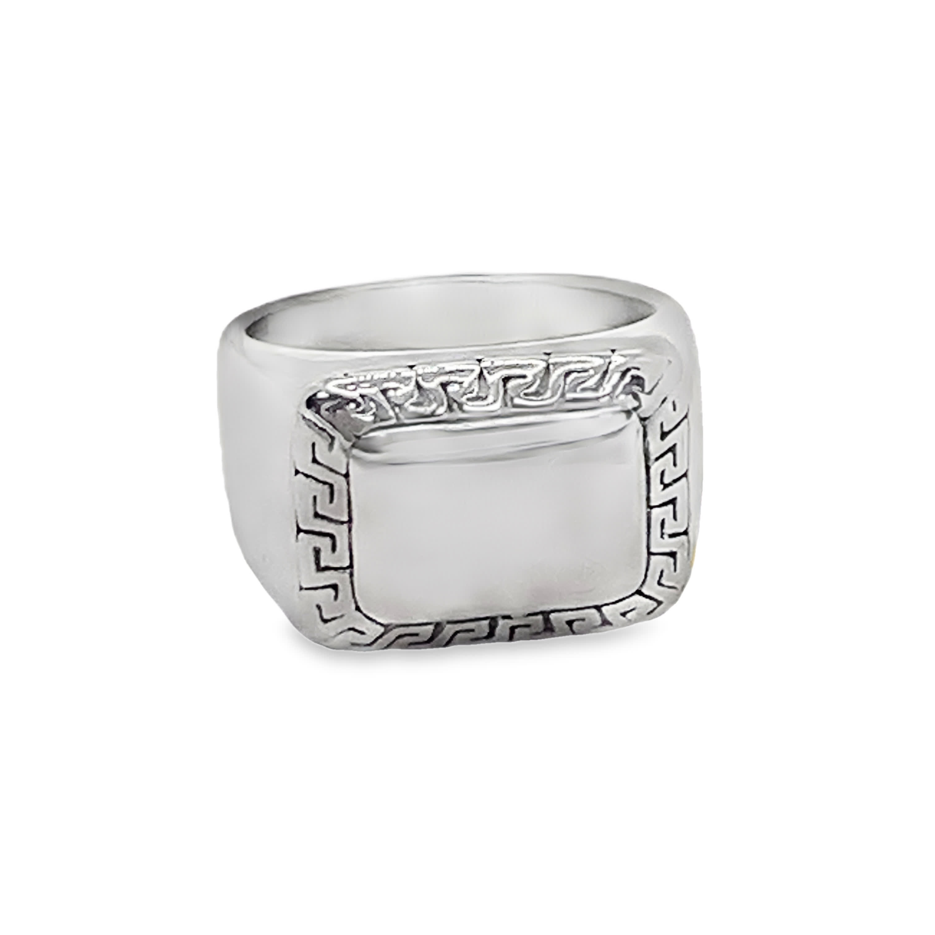 Sygnet z greckim kluczem ze posrebrzanej stali