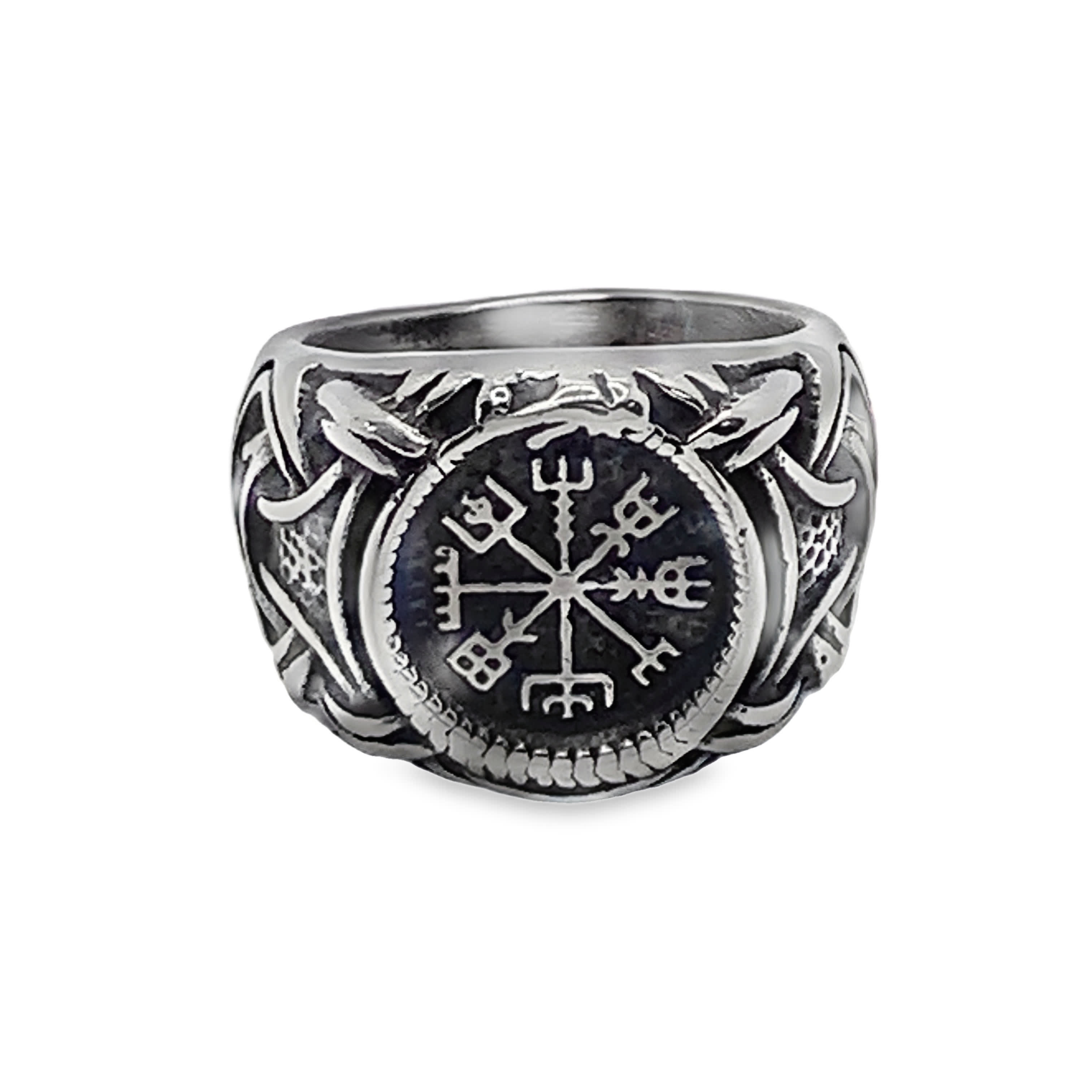 Sygnet z kompasem wikingów ze posrebrzanej stali wysokiej próby