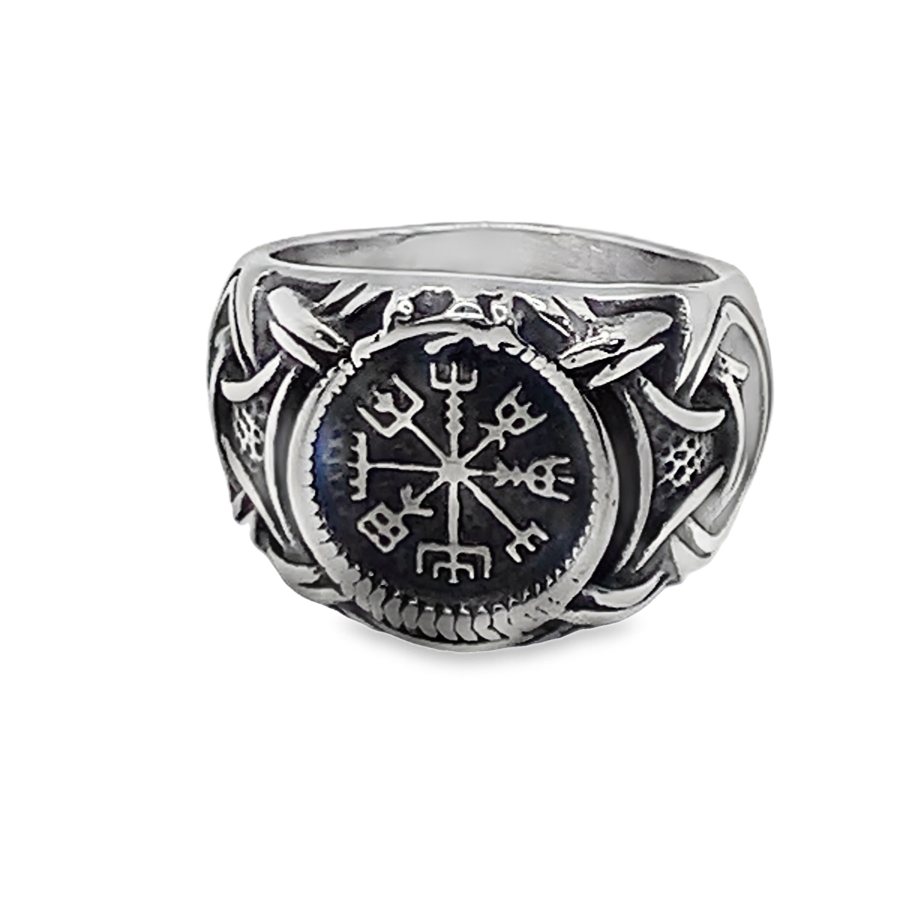 Sygnet z kompasem wikingów Vegvisir ze posrebrzanej stali