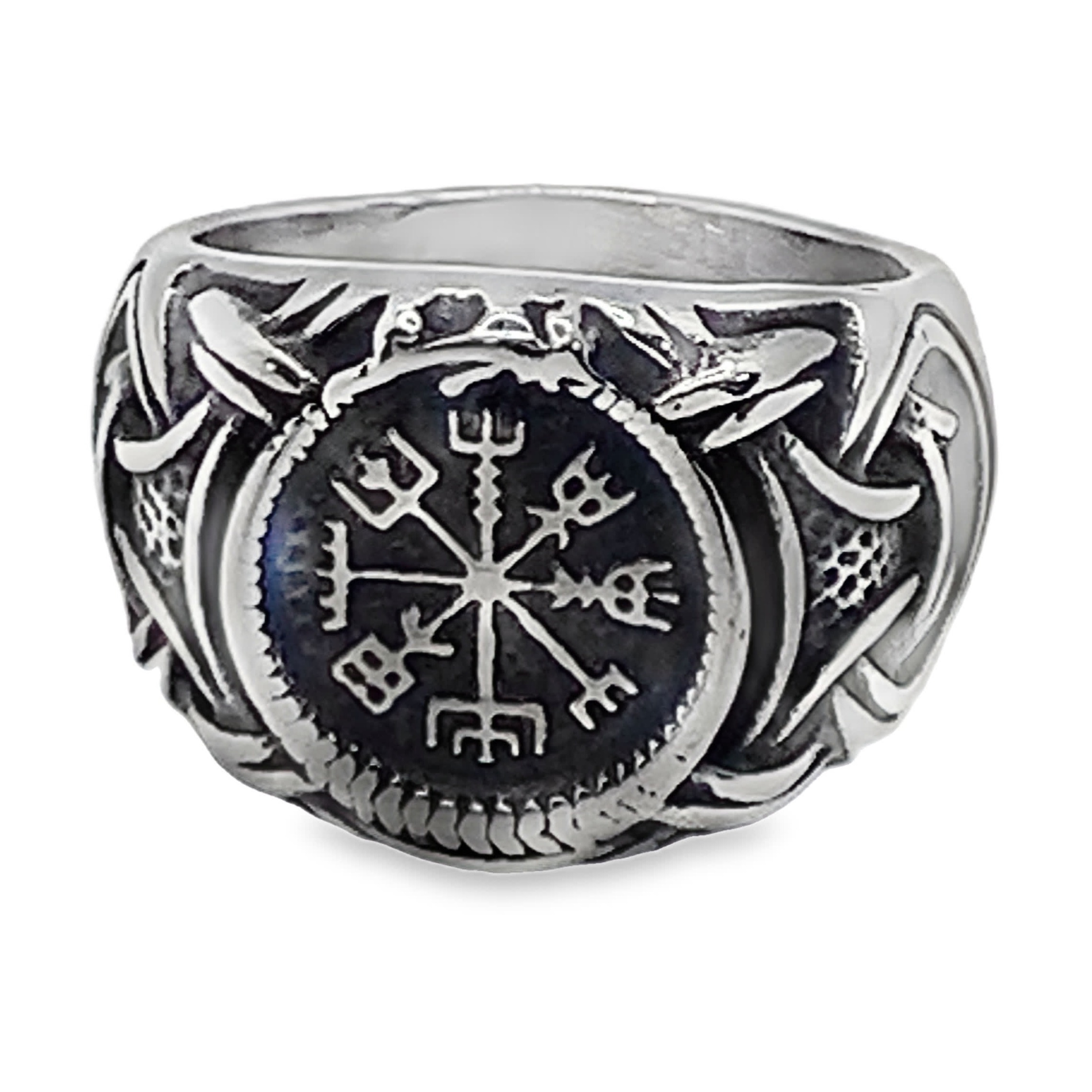 Sygnet z kompasem wikingów Vegvisir ze posrebrzanej stali