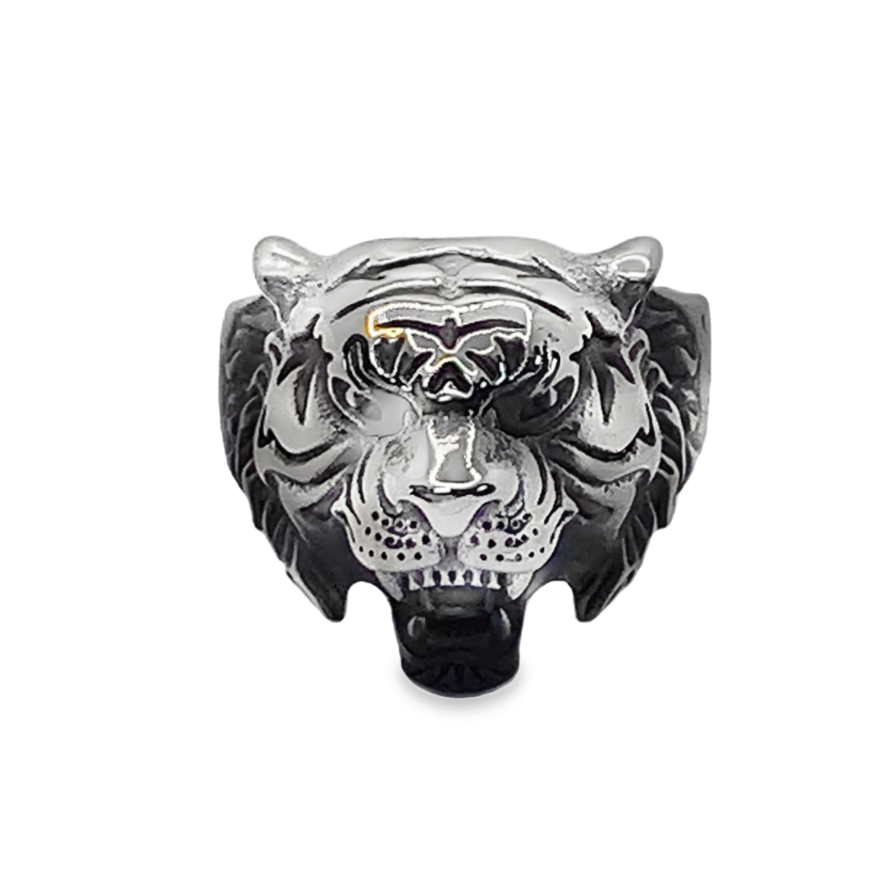 Sygnet ze posrebrzanej stali z głową tygrysa