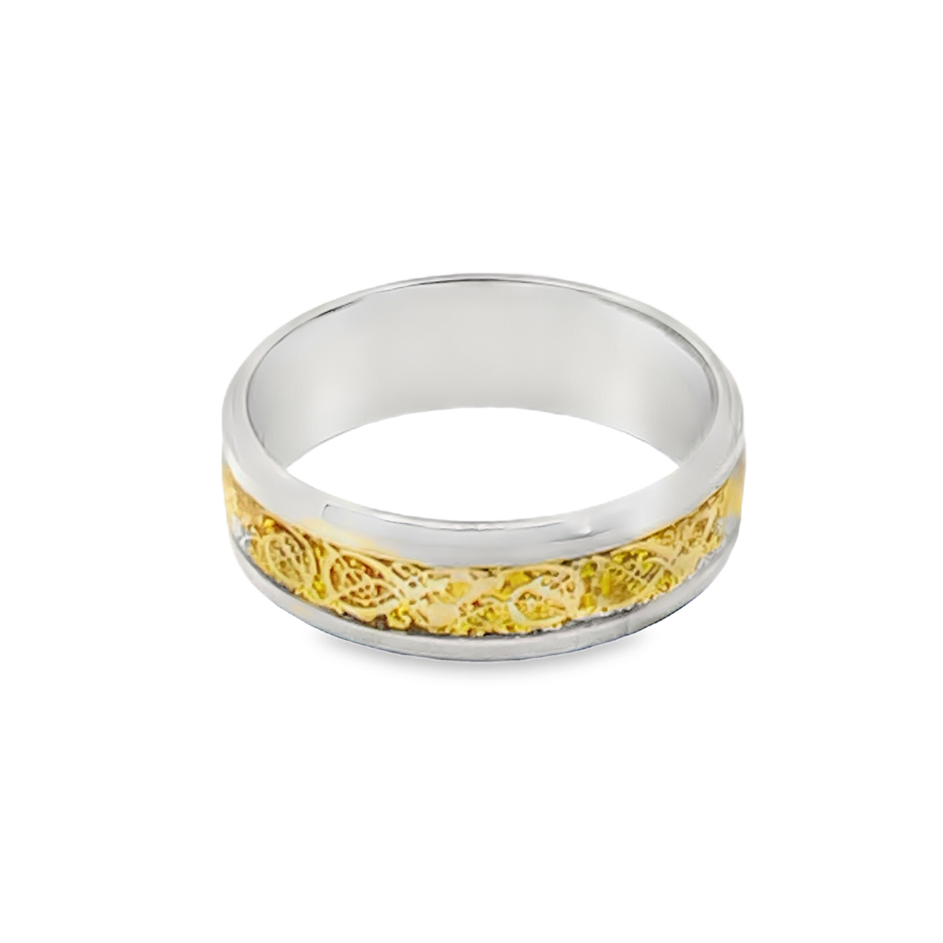 Elegancki posrebrzany pierścionek z obrączką i złocistymi akcentami