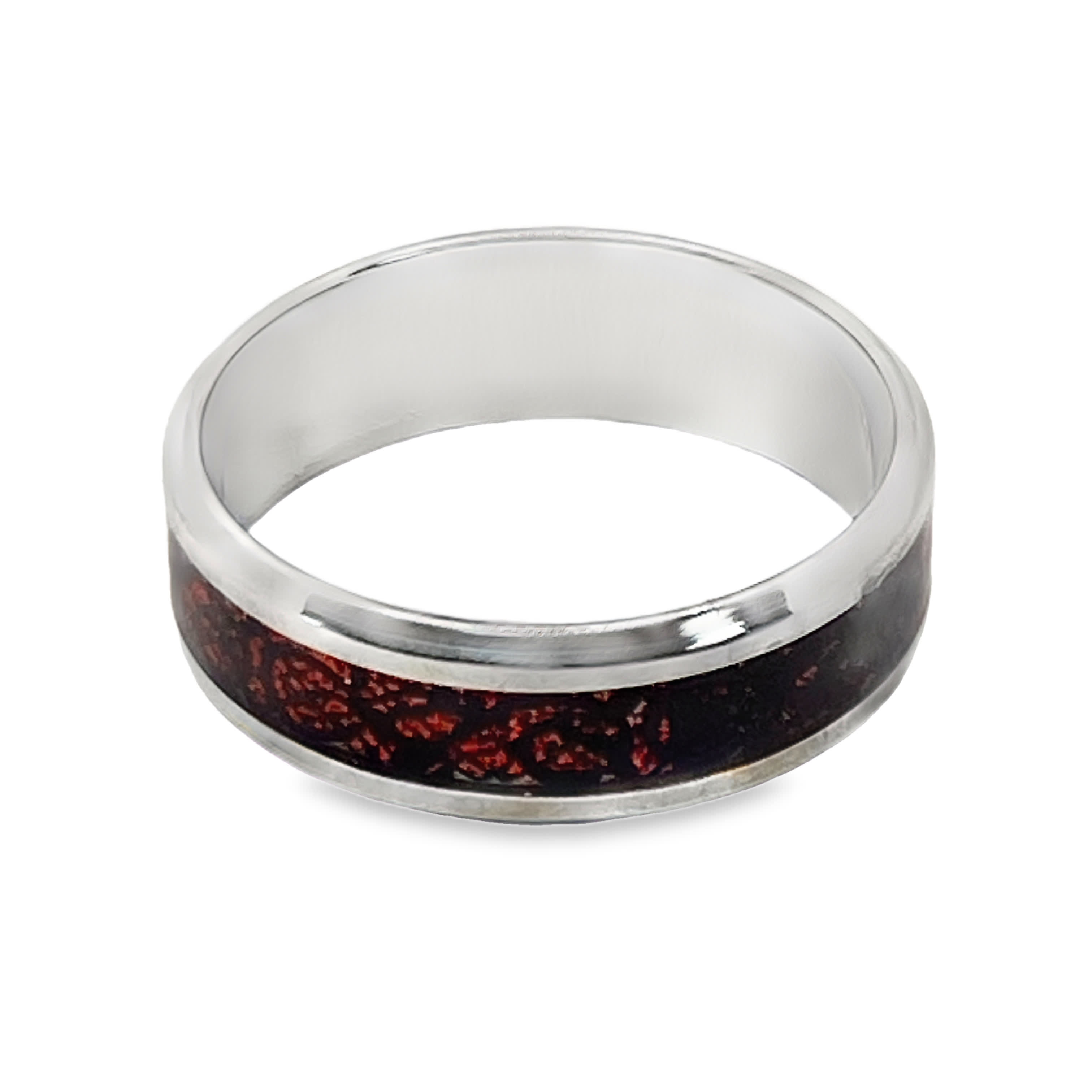 Posrebrzany pierścionek z intarsją z czerwonego koralu kaboszonowego