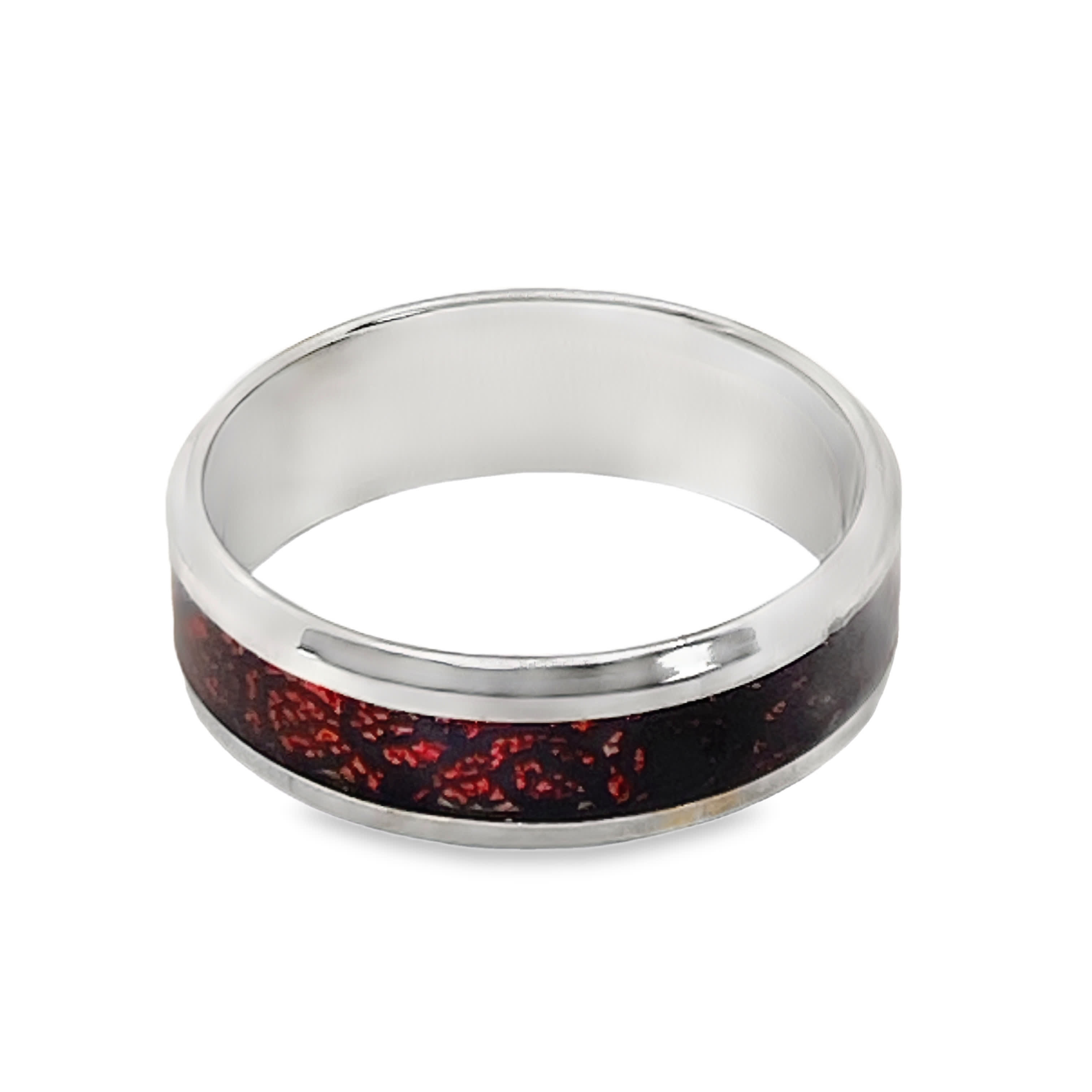 Posrebrzany pierścionek z intarsją z czerwonego korala szlifowanego kaboszonem