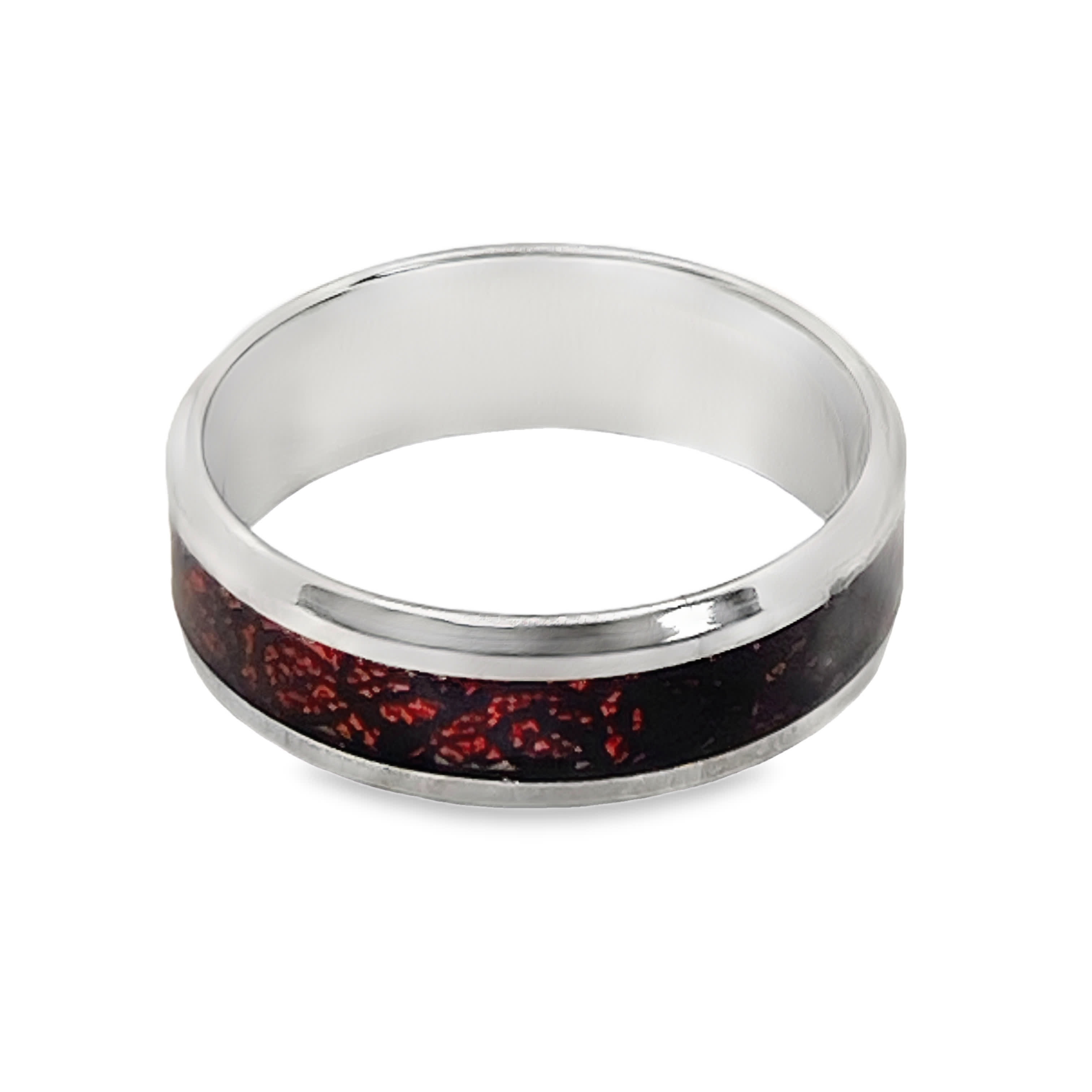 Elegancki posrebrzany pierścionek z intarsją z koralowca kaboszonowego