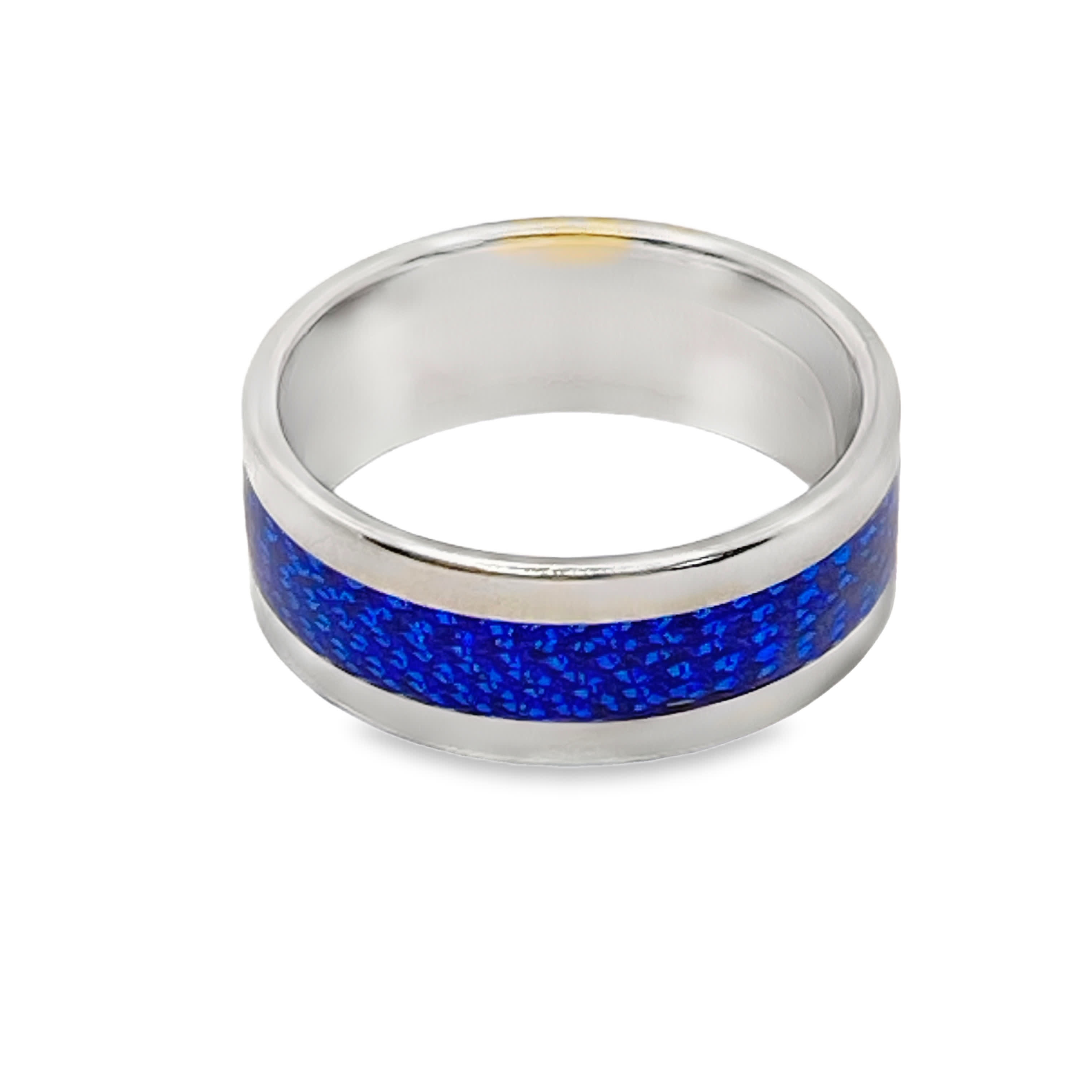 Posrebrzany pierścionek z intarsją z niebieskiego opalowego kaboszonu