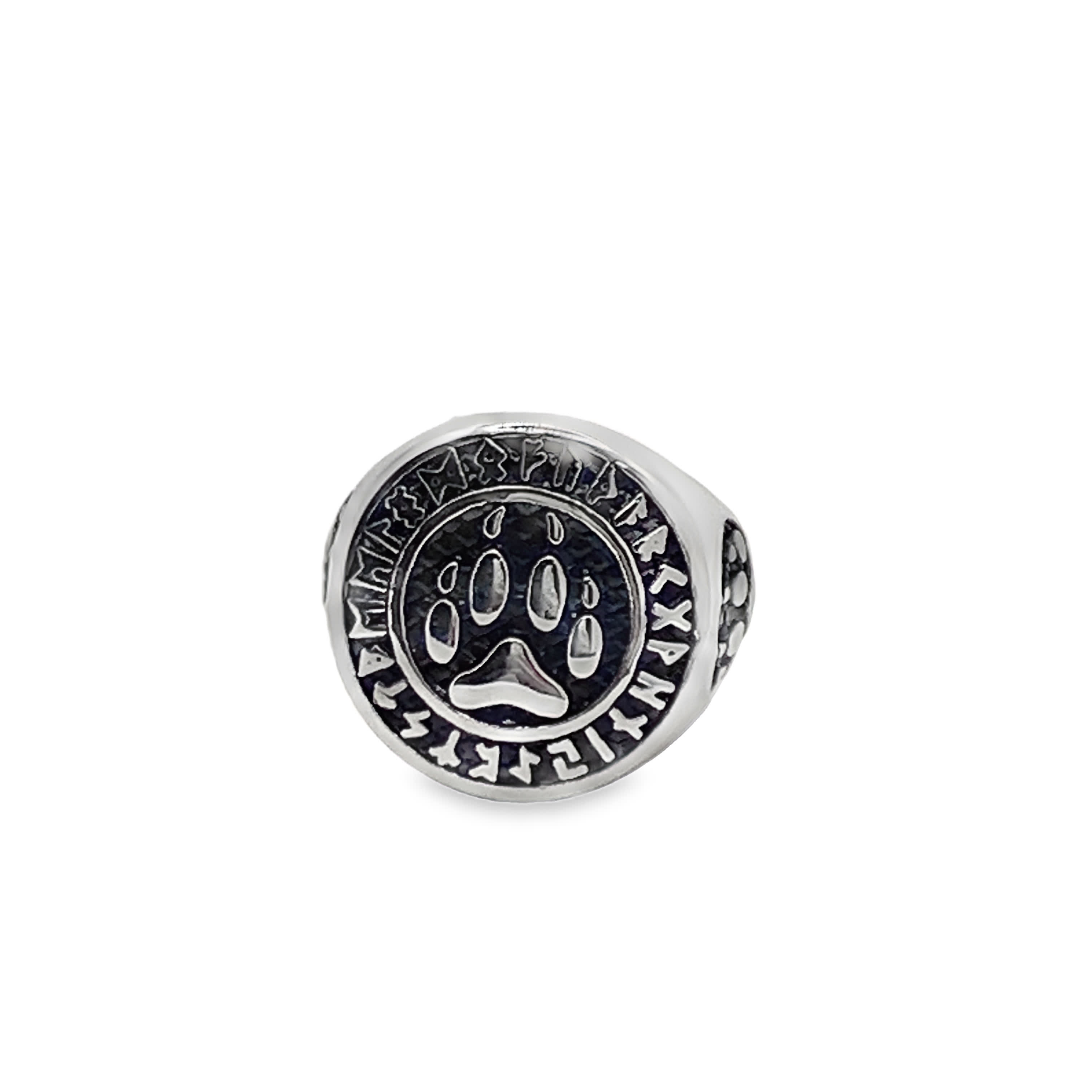 Pierścień runiczny z łapą niedźwiedzia ze posrebrzanej stali