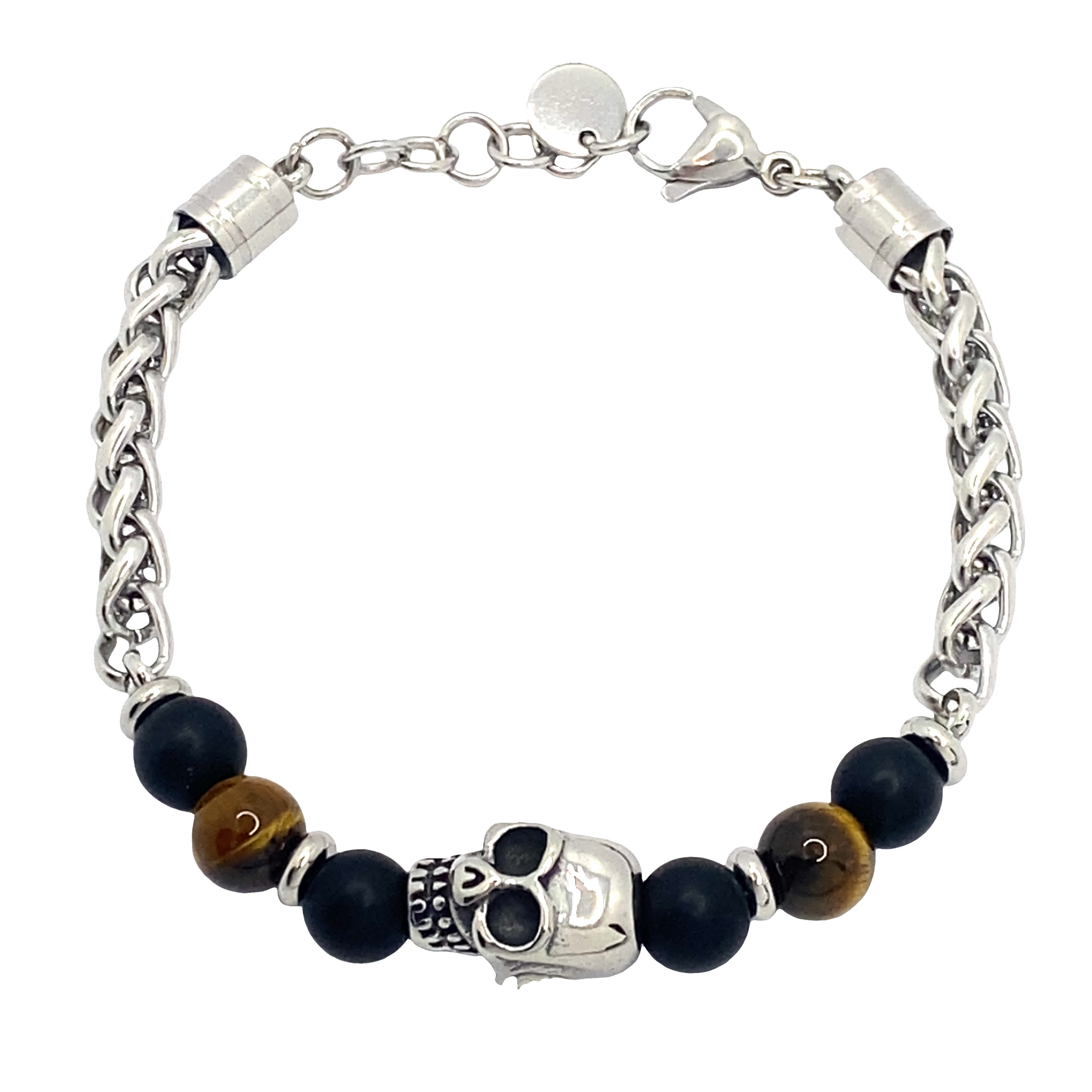 Bransoletka z koralików posrebrzanych z zawieszką w kształcie onyksu i czaszki