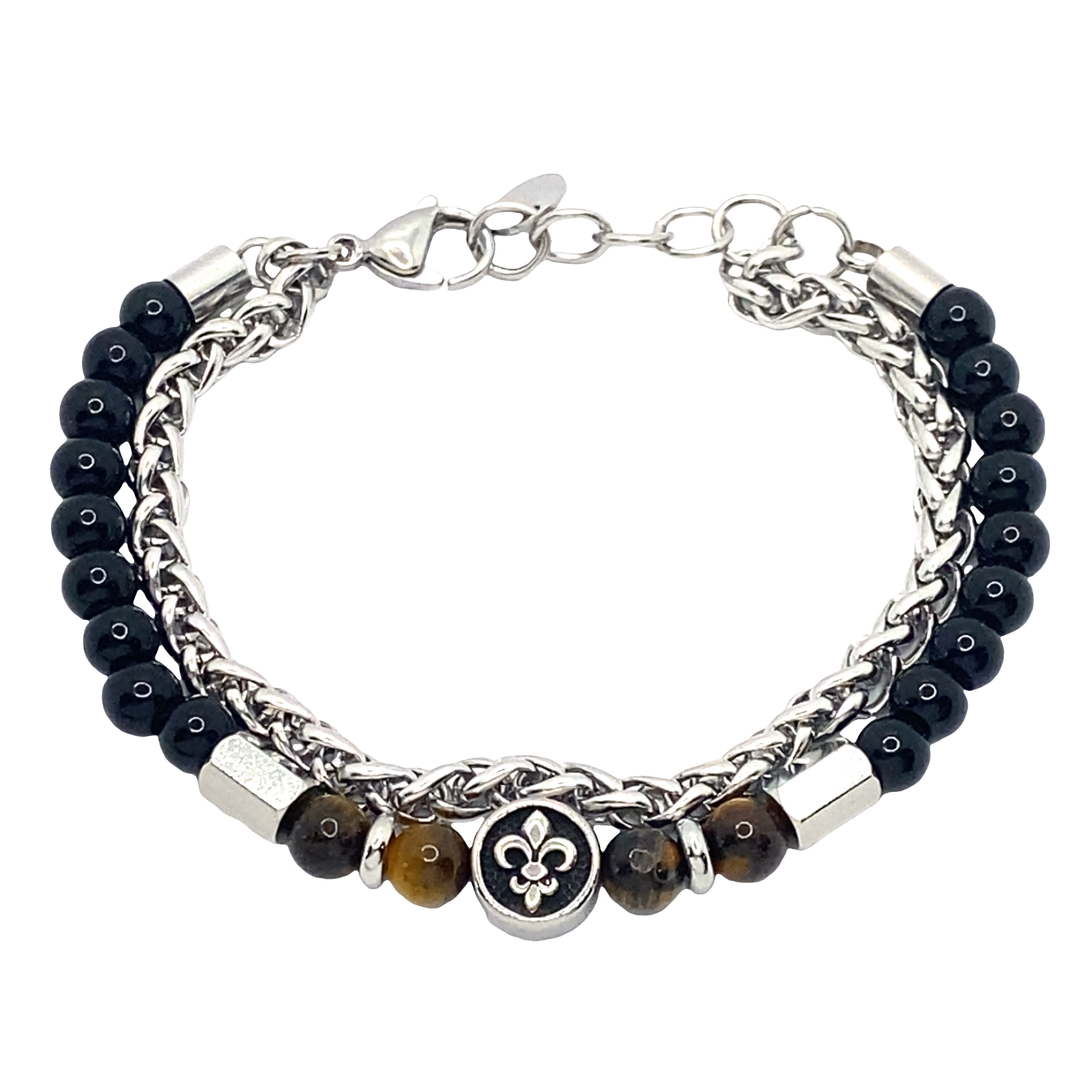 Posrebrzana bransoletka z koralikami, onyksem i medalionem z lilii