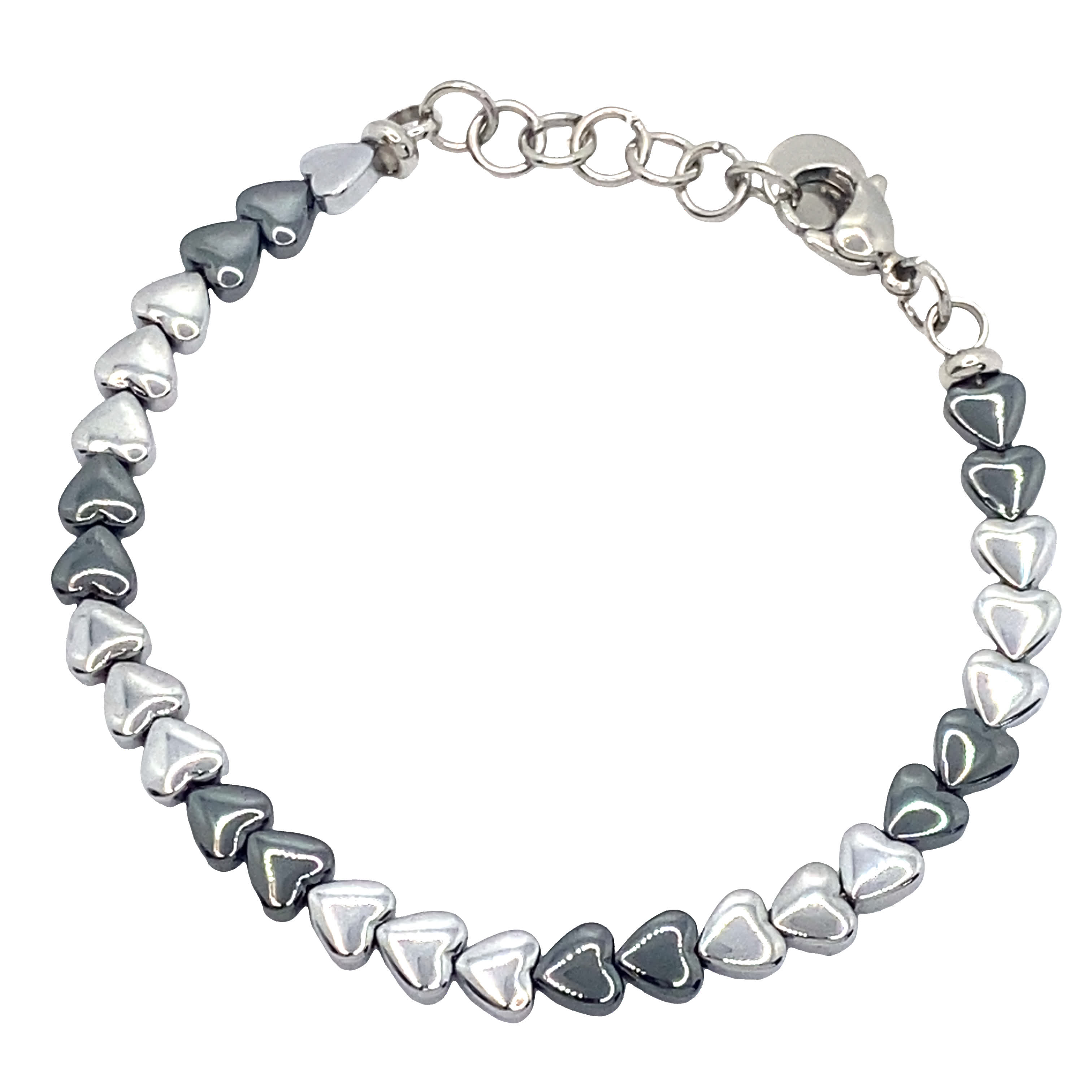 Bransoletka ze srebrnego łańcuszka z koralikami w kształcie serca z hematytu