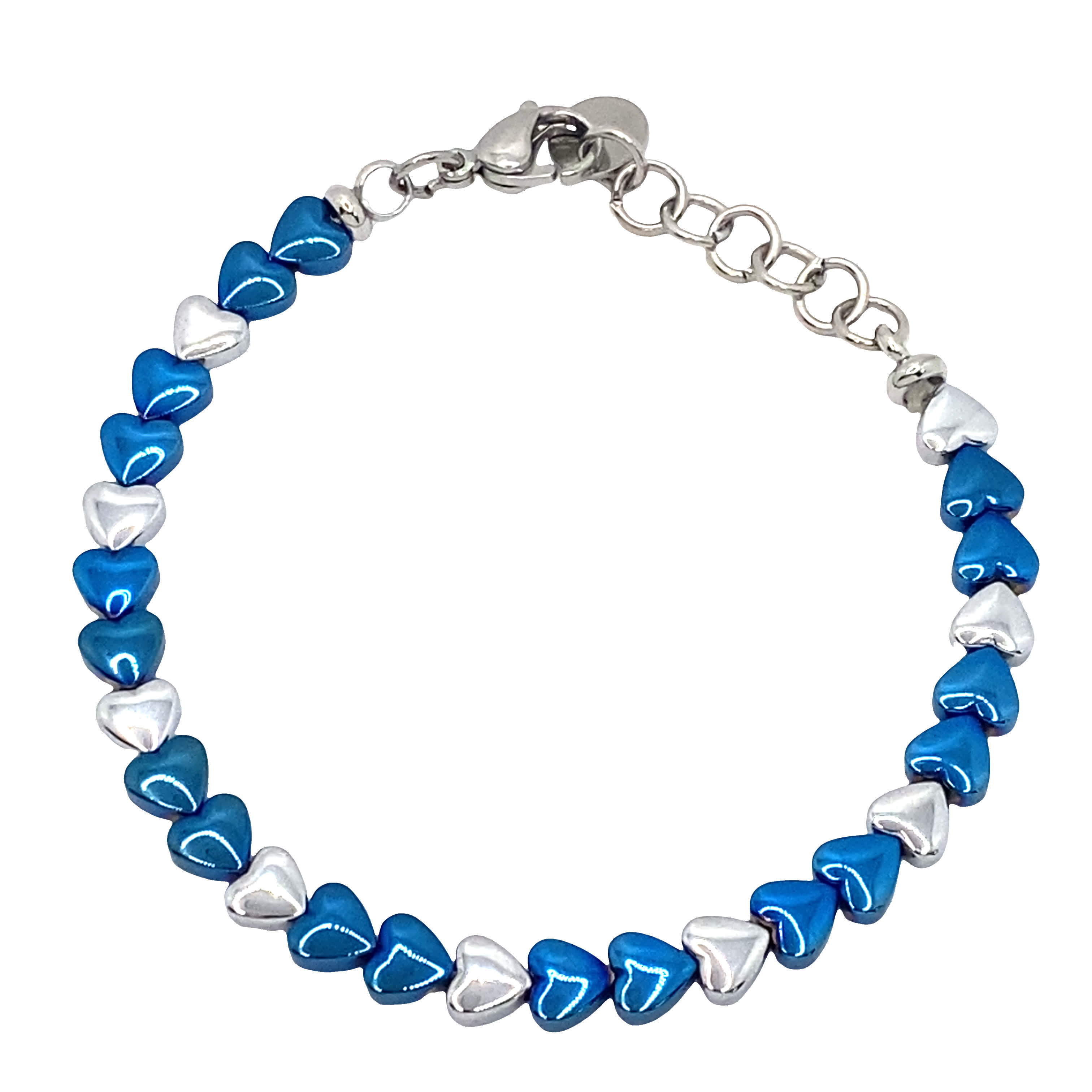 Bransoletka z koralików w kształcie serca w kolorze posrebrzanym, wykończona białym kamieniem