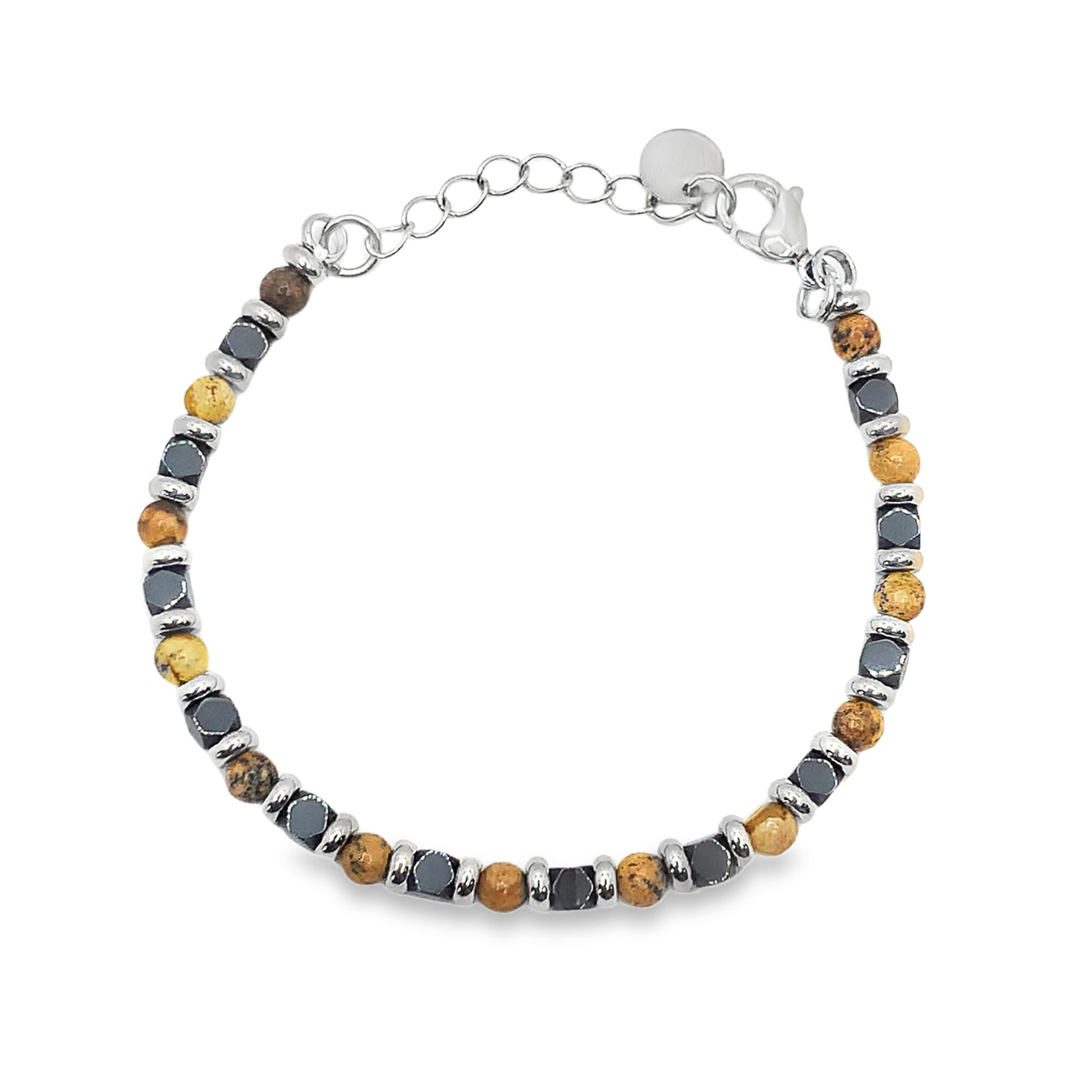 Bransoletka z koralików ze posrebrzanej stali z kamieniami naturalnymi i akcentami metalowymi