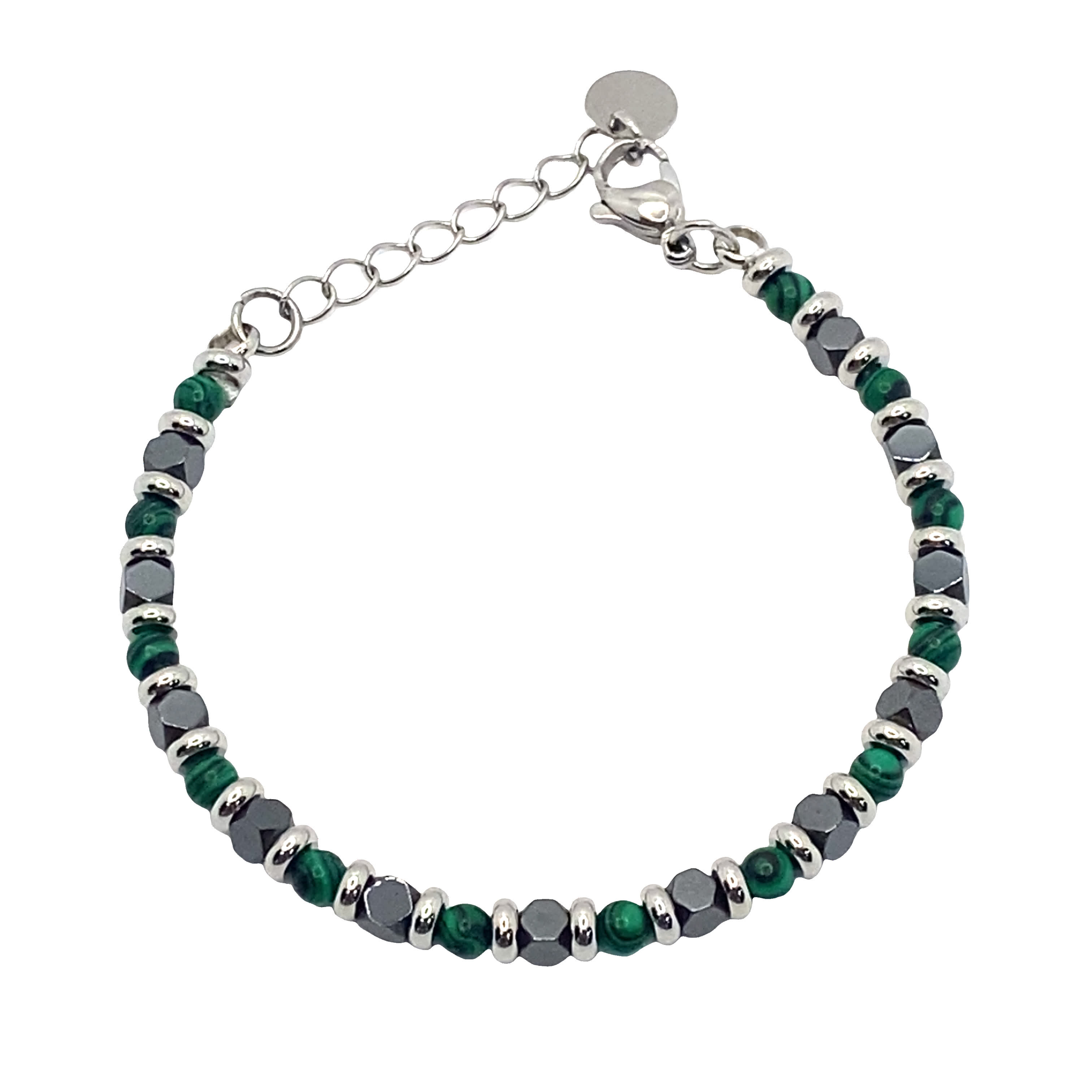 Posrebrzana bransoletka z koralikami i okrągłymi kaboszonami malachitu