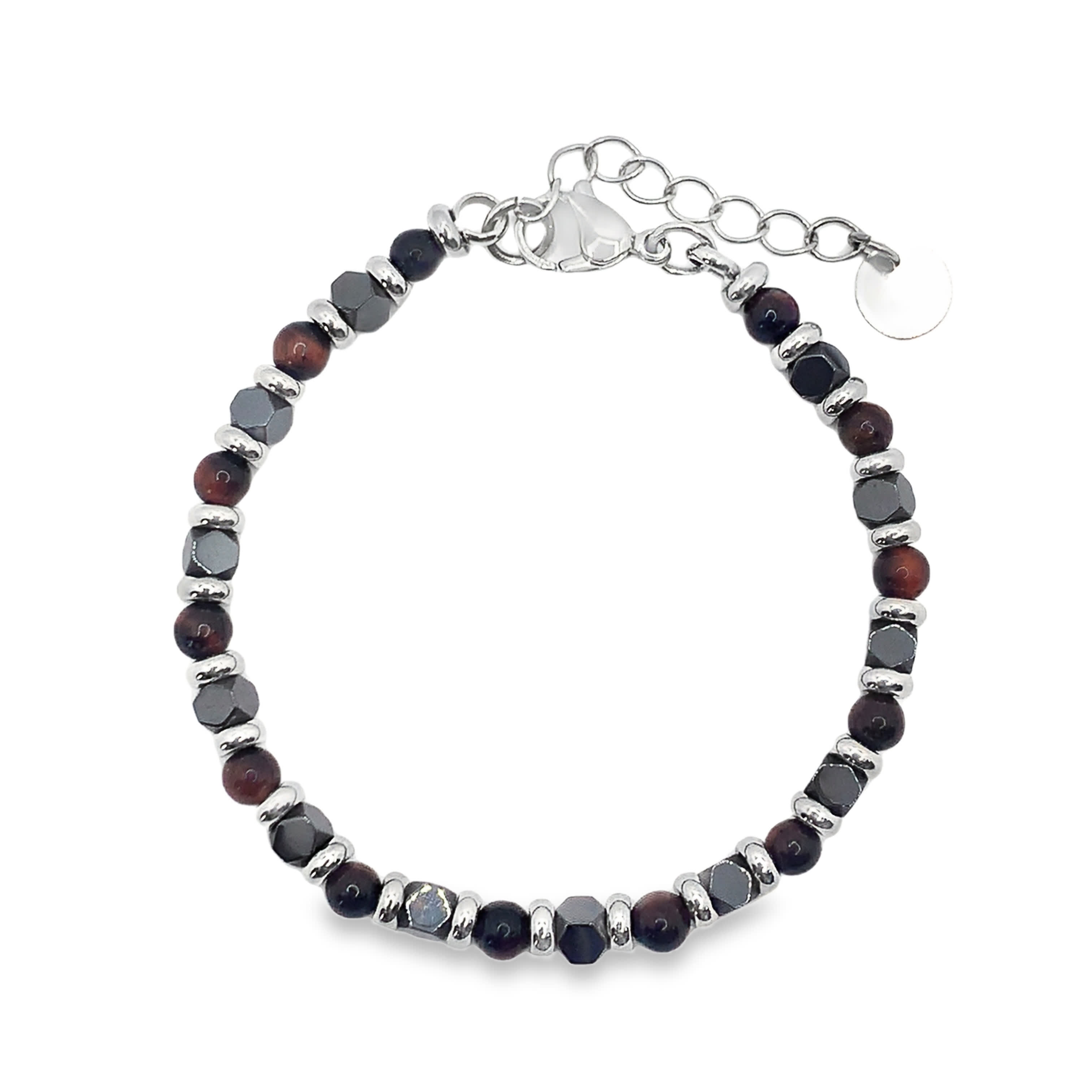 Bransoletka z koralików hematytu i tygrysiego oka ze srebrnymi akcentami