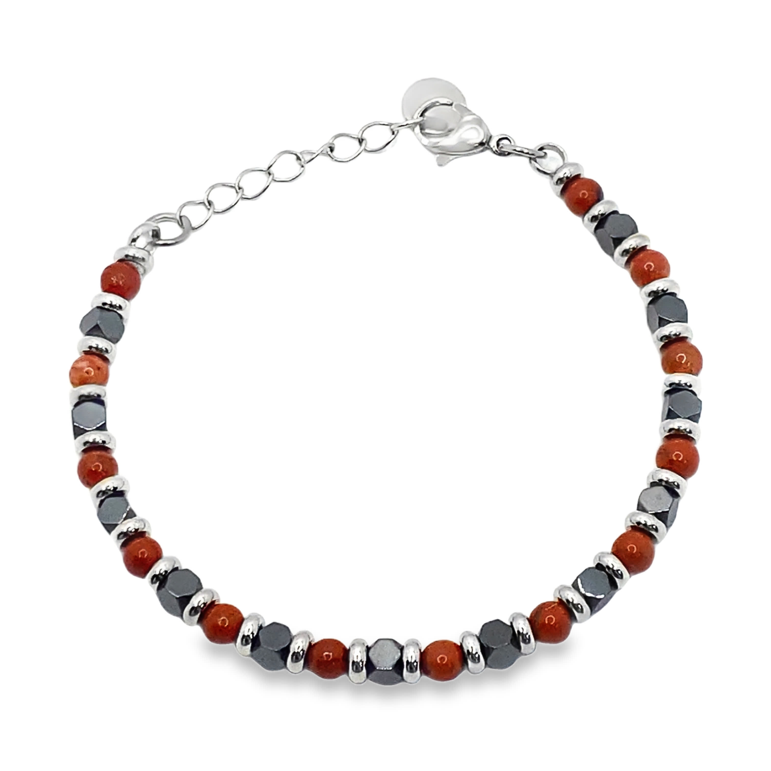 Bransoletka z koralików ze posrebrzanej stali wykonana ręcznie z jaspisem i hematytem
