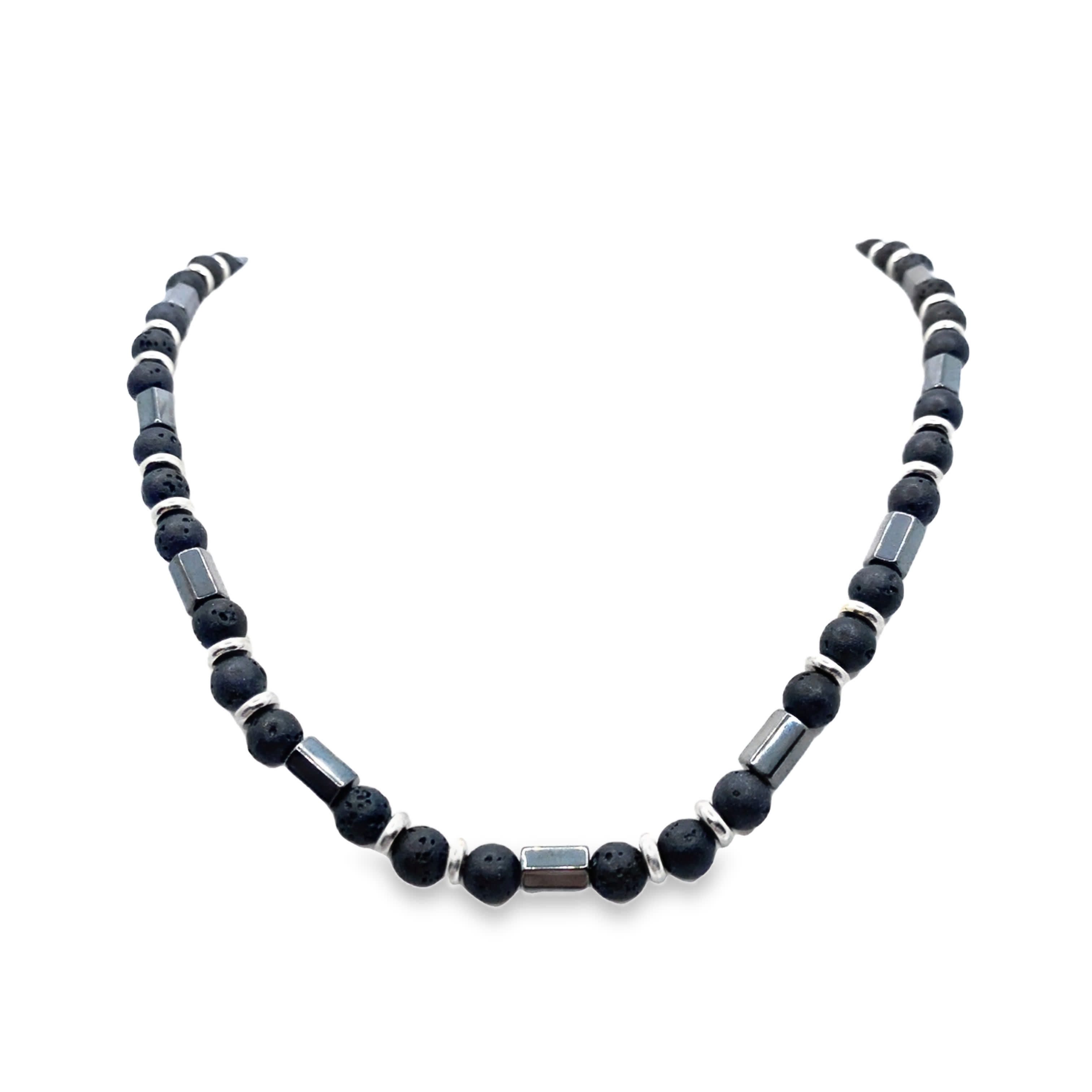 Naszyjnik z koralików z kamienia lawowego i hematytu