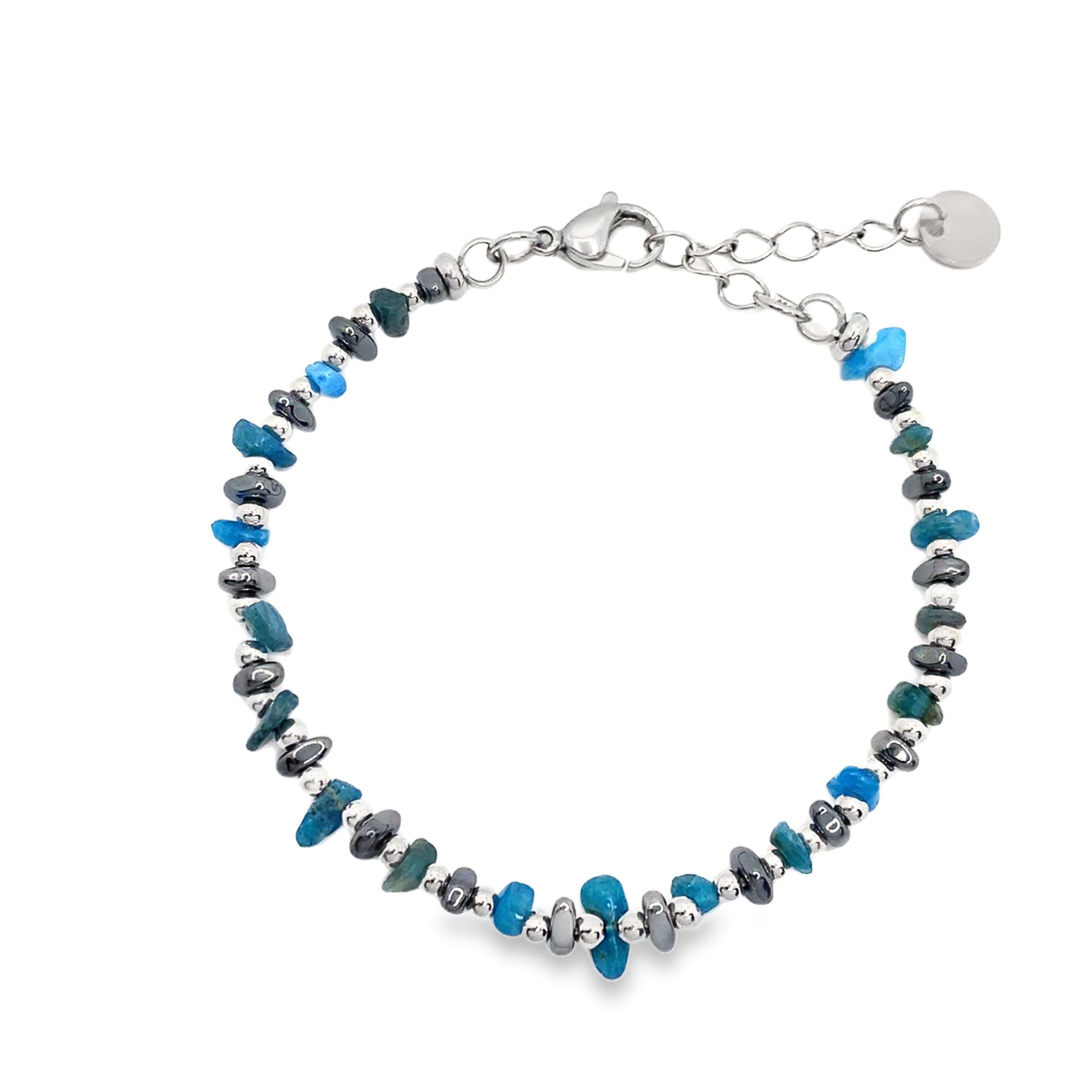 Bransoletka z koralików ze posrebrzanej stali z niebieskozielonymi kamieniami apatytu